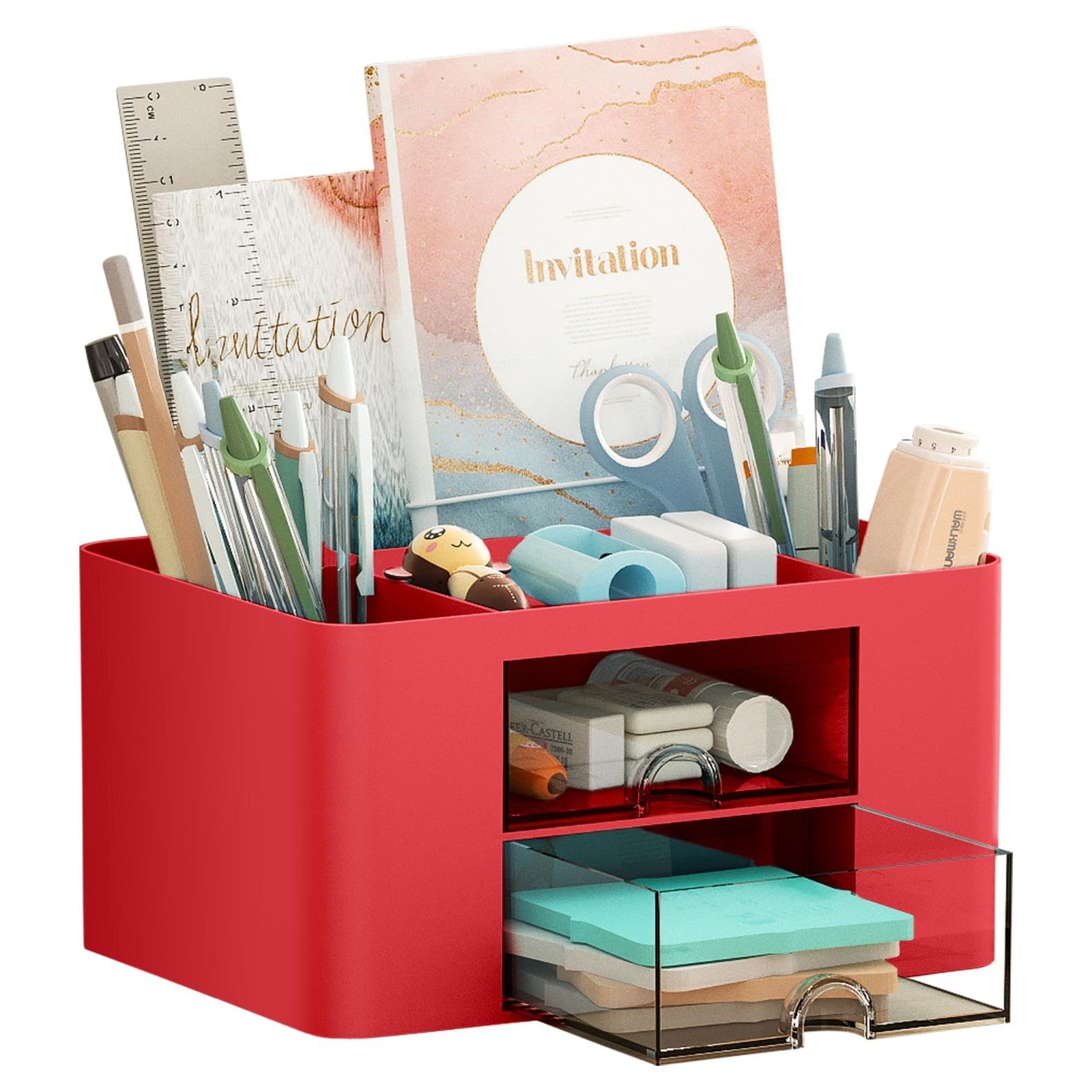 Multi Functional Desk Organizer with 2 Drawers, 5 Compartments for Office Suppli0