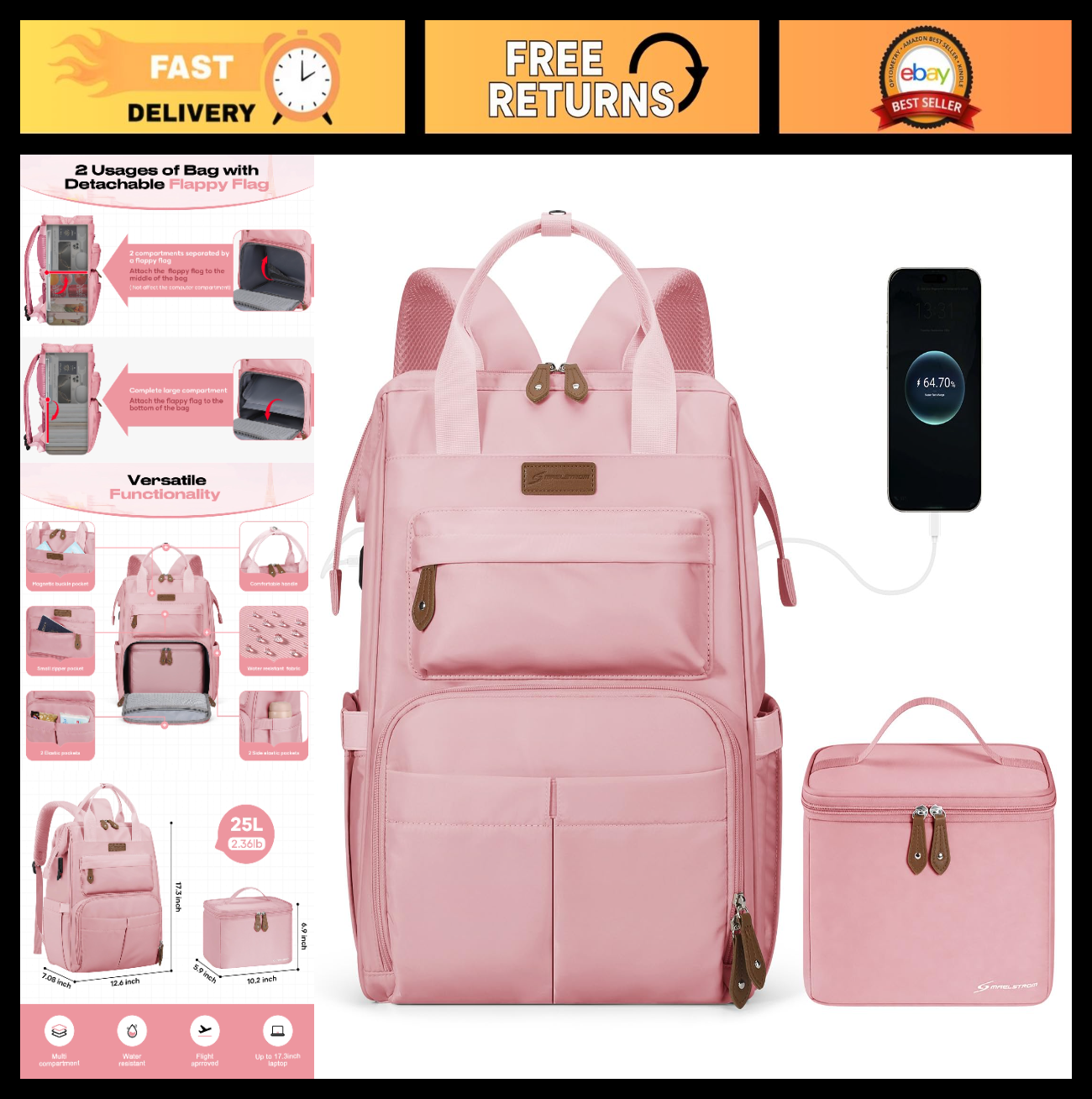 Travel Backpack for 15.6-17.3" Laptop, Insulated Lunch Bag, Unisex Work Bag - Pi0