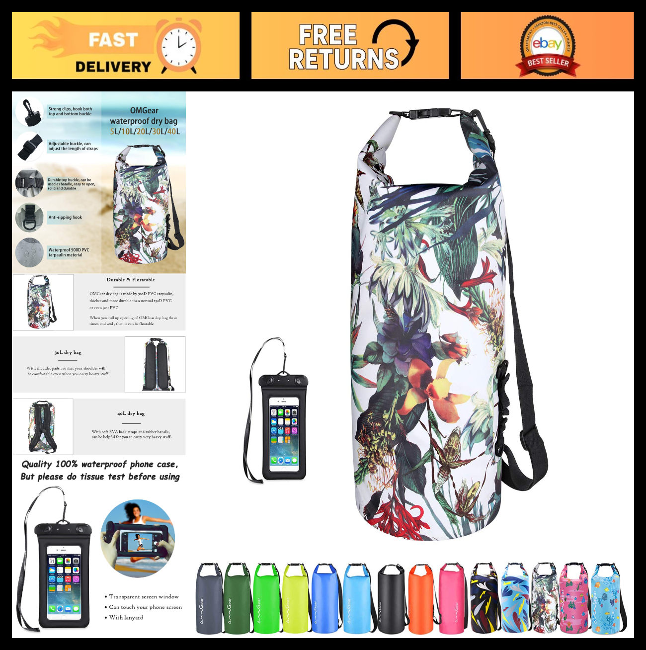 Waterproof Dry Bag Backpack 40L/30L/20L/10L/5L - Floating Sack for Kayaking & Ou0