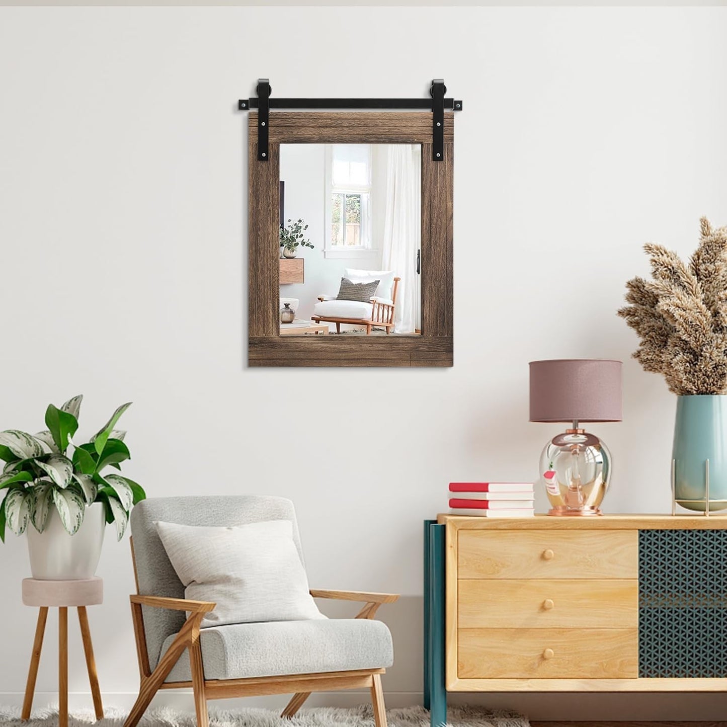 Rustic Barn Door Wall Mirror - Large 20"x16" Wood Framed Decorative Mirror for H5