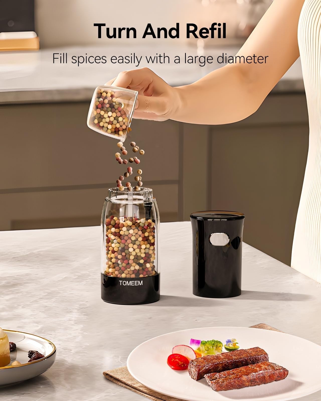 Rechargeable Electric Salt & Pepper Grinder Set with LED Light, 5-Level Adjustab2