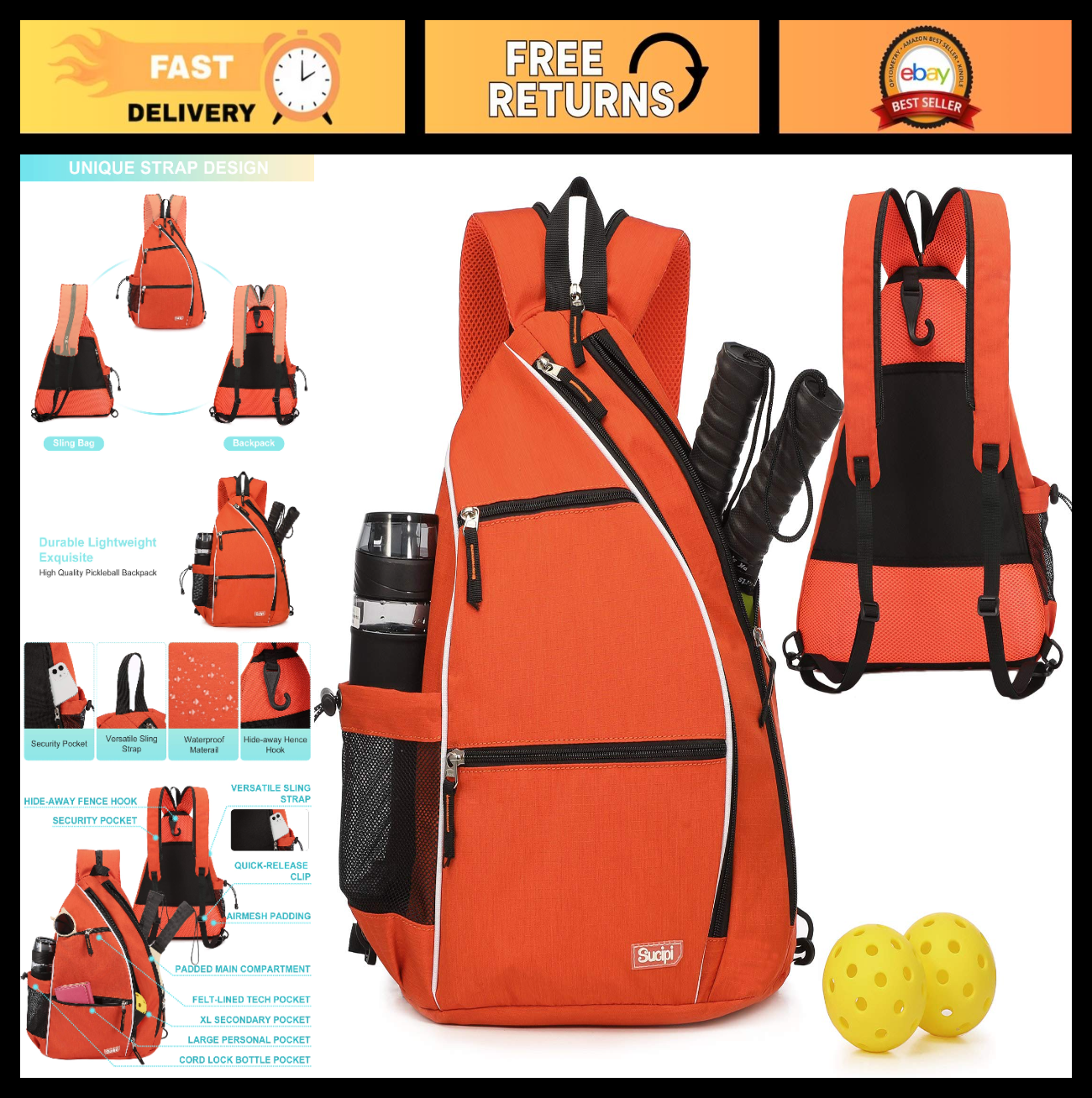 Optimized eBay Title: "Adjustable Pickleball Backpack with Fence Hook - Large Ca0
