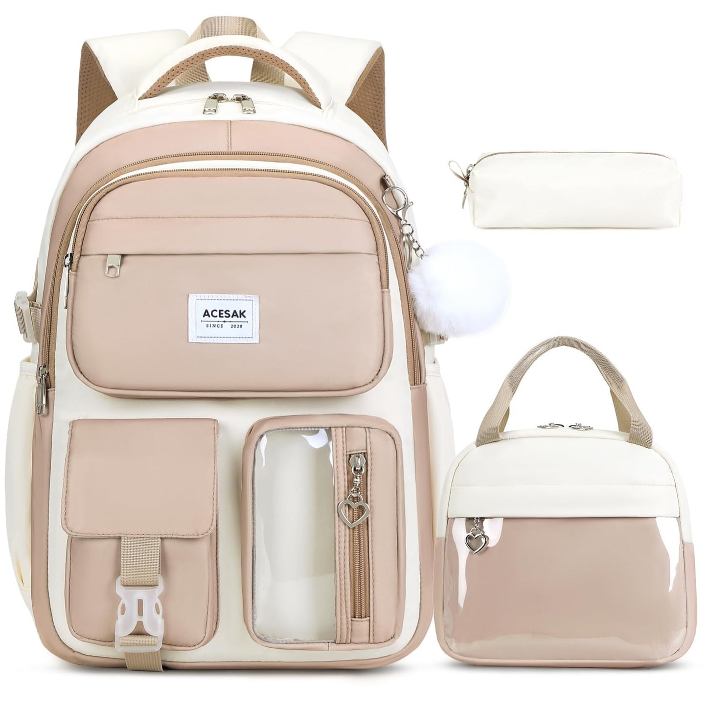 Stylish Girls Backpack with Lunch Bag & Pencil Pouch   Teen Laptop Bookbag, Khak1