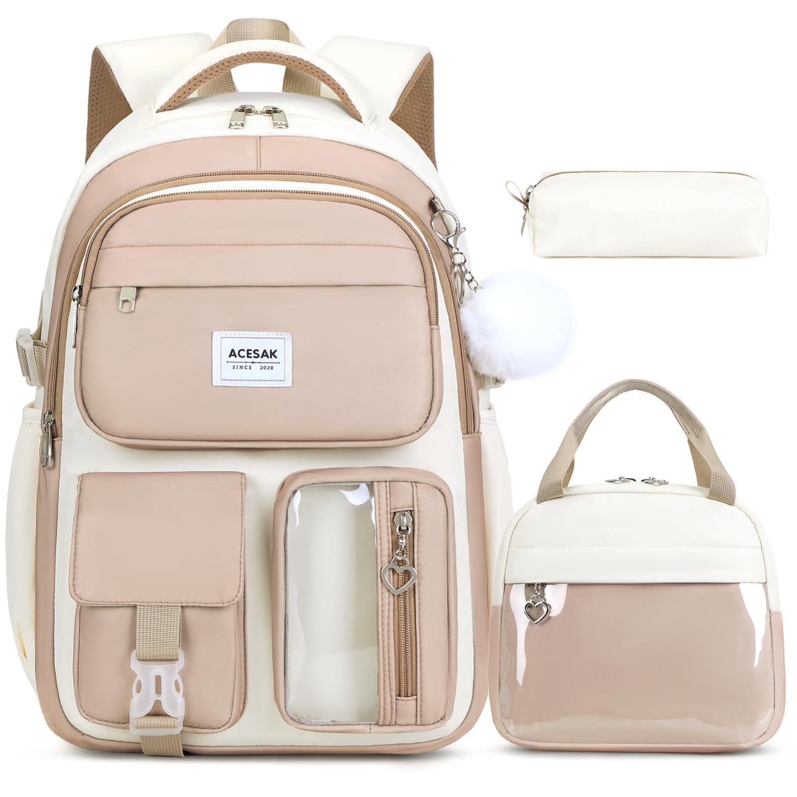 Stylish Girls Backpack with Lunch Bag & Pencil Pouch   Teen Laptop Bookbag, Khak1