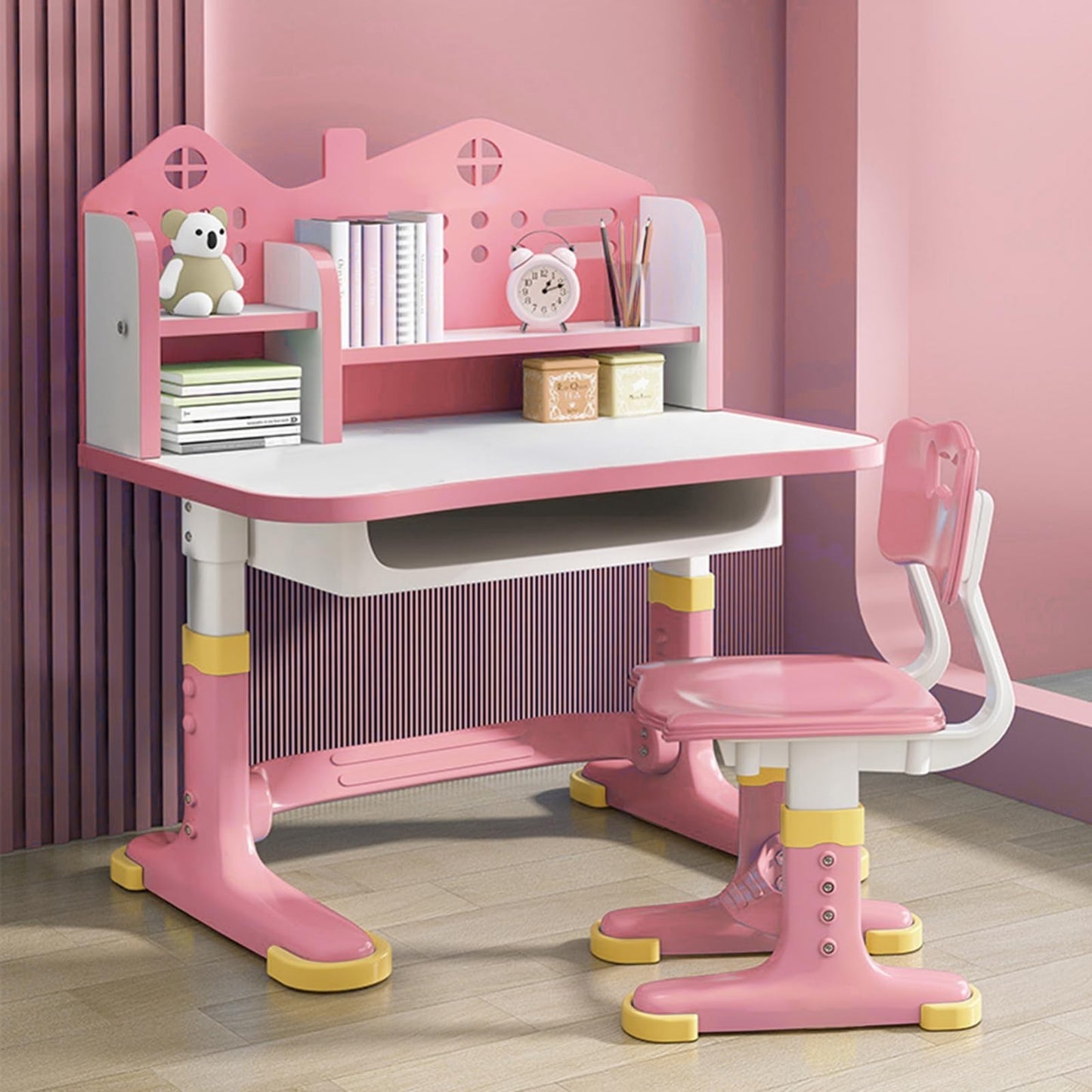 Kids Adjustable Height Study Desk & Chair Set, Cartoon Pattern, Widened Desktop,4