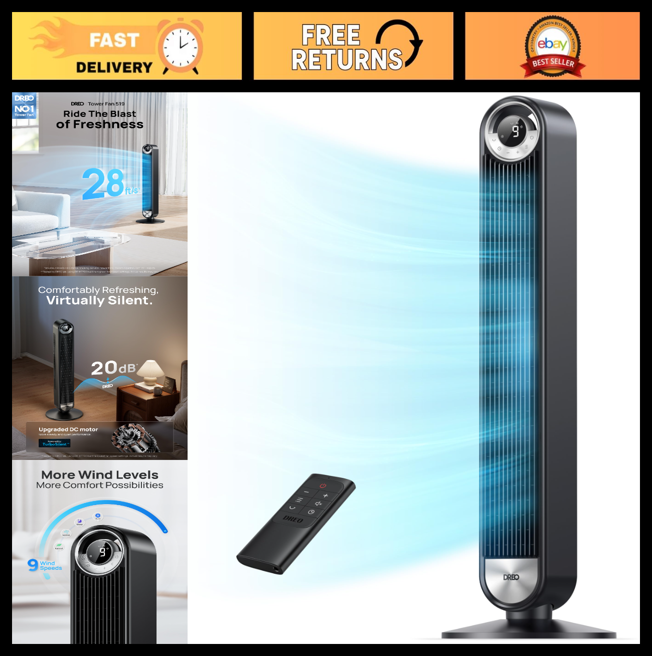 Bladeless Tower Fan with 9 Speeds, 90° Oscillation, 20dB Quiet, 12H Timer   Idea0
