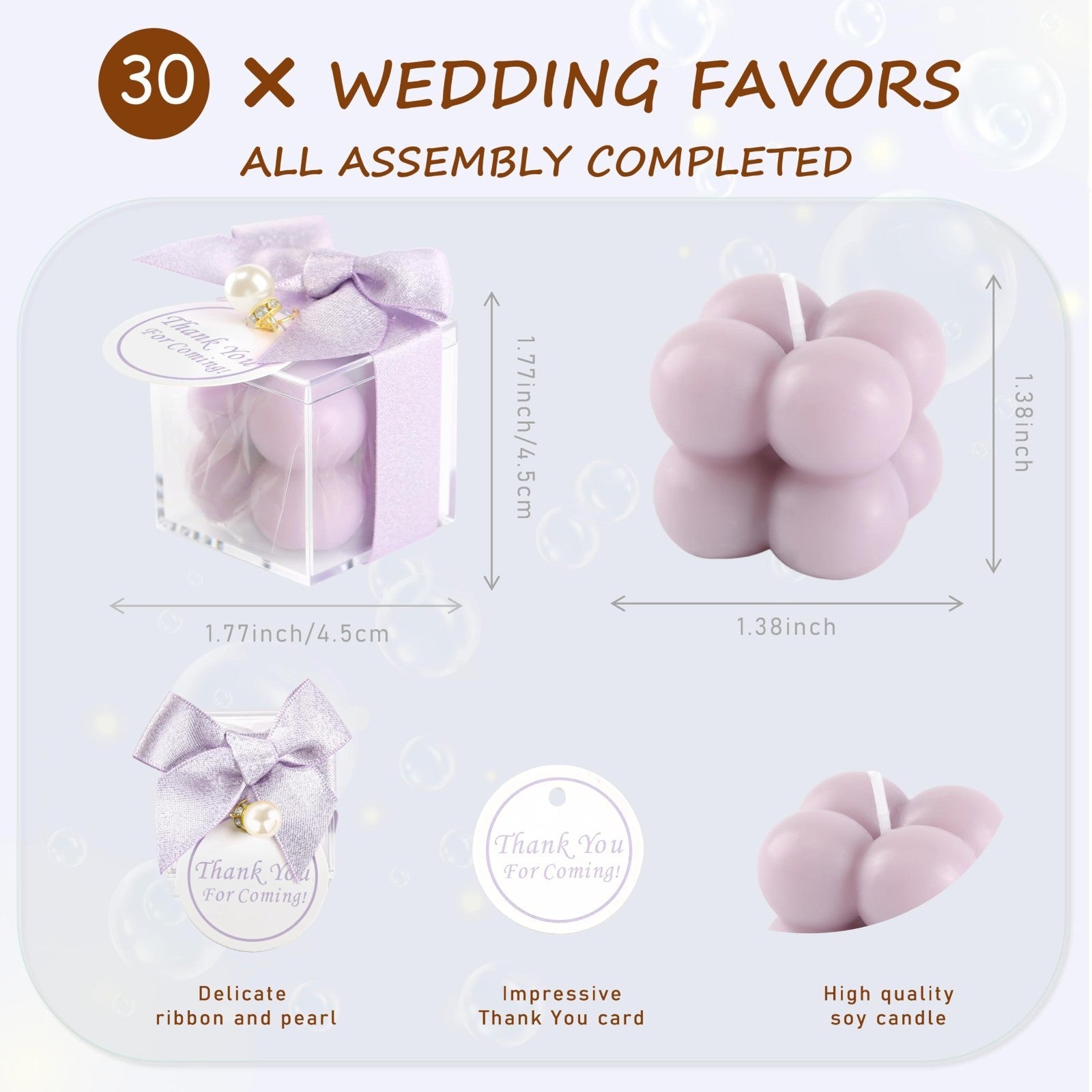 30 Sets Small Bubble Candles Party Favors with Ribbons & Thank You Cards - Purpl2