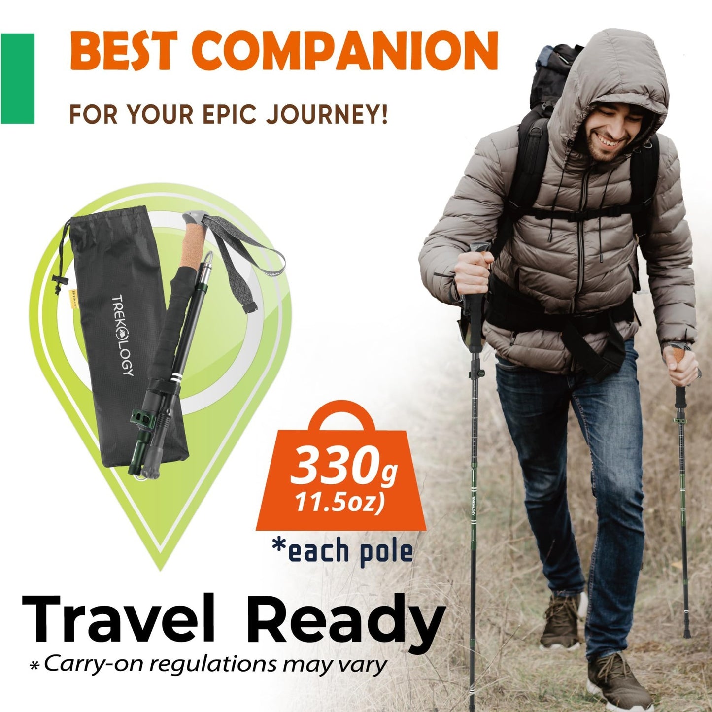 Lightweight Adjustable Trekking Poles with Cork Grip – Compact Hiking Sticks for5
