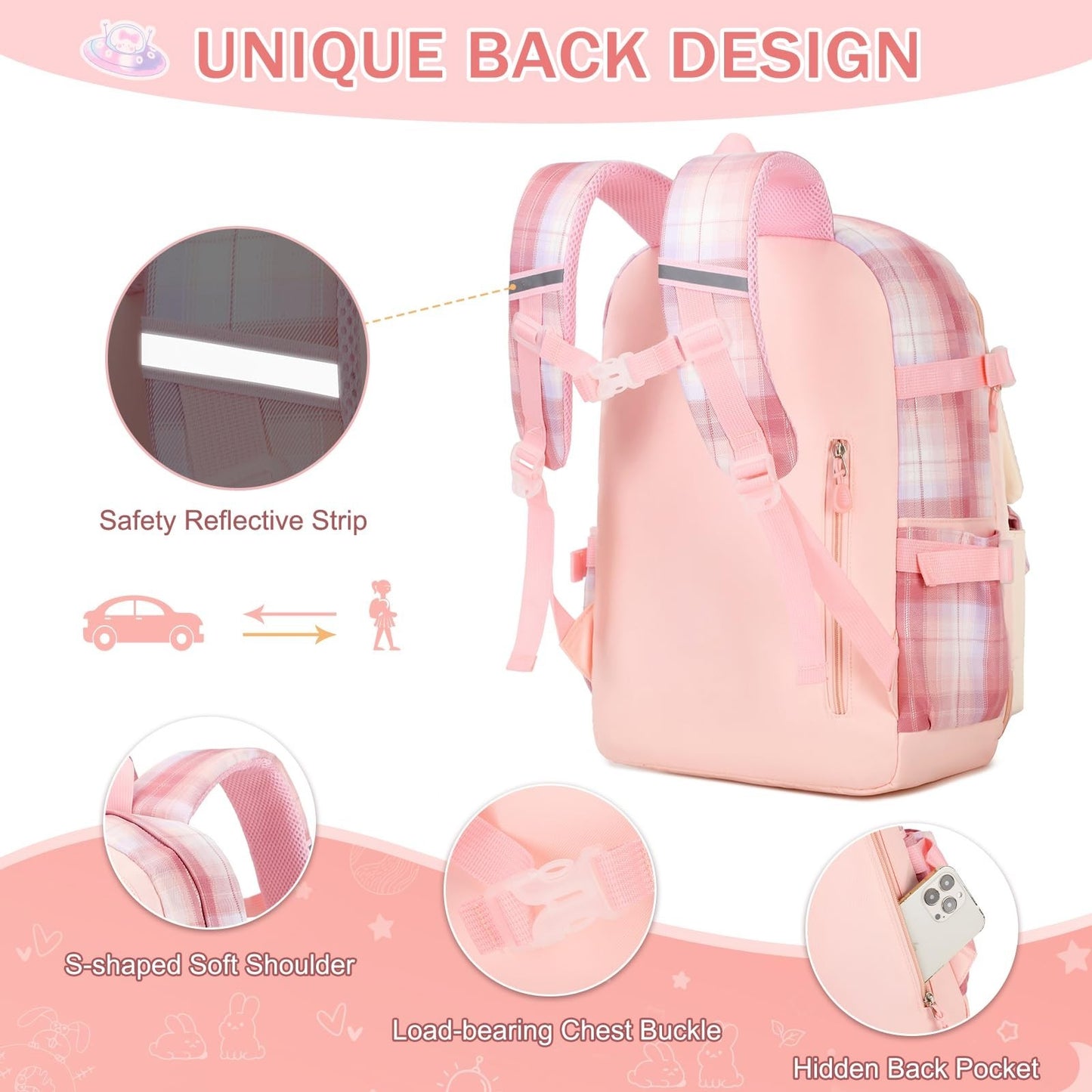 Kawaii Bunny Girls Backpack Set 3PCS   Pink Plaid School Bag with Lunch Box & Pe2