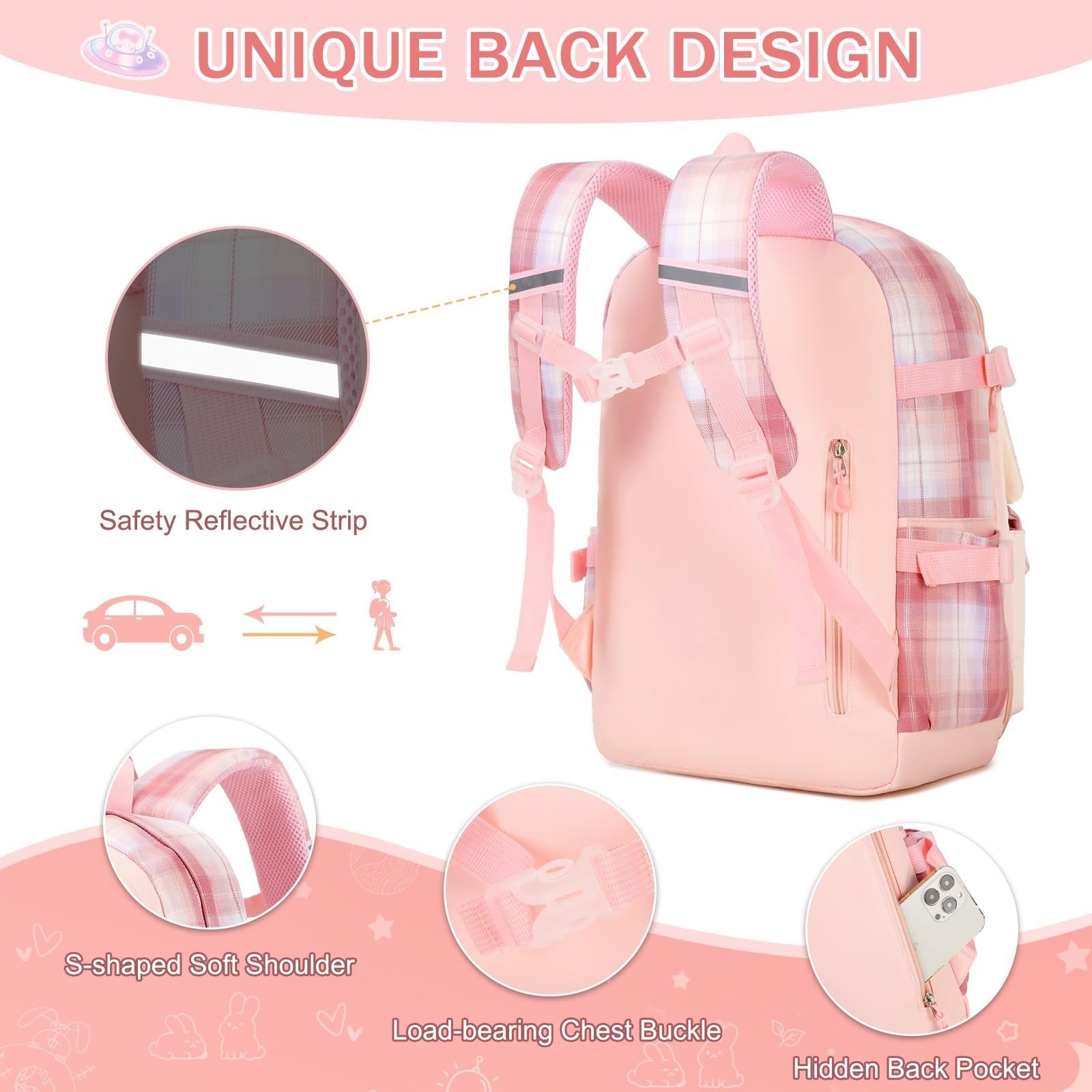 Kawaii Bunny Girls Backpack Set 3PCS   Pink Plaid School Bag with Lunch Box & Pe2