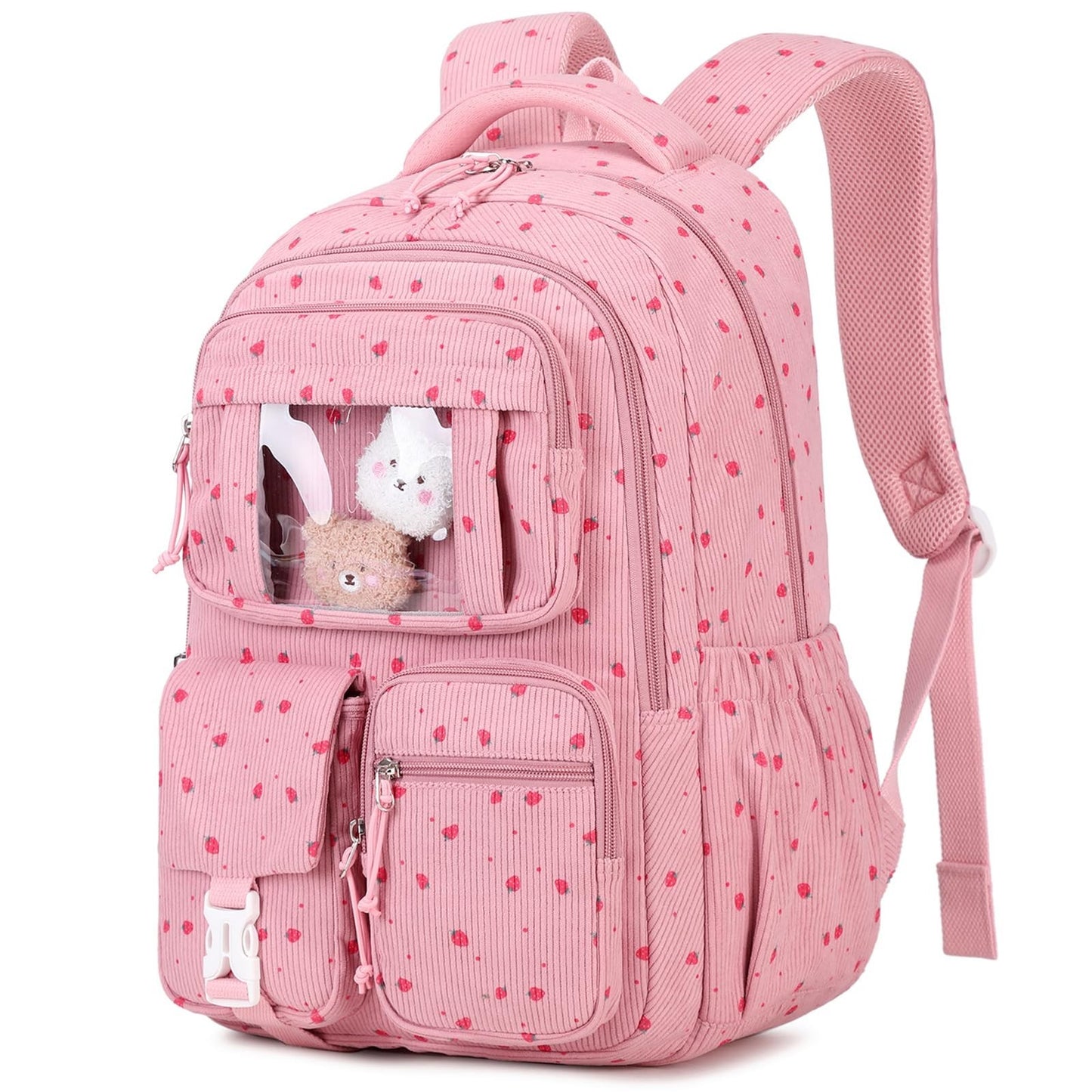 Kawaii Pink Strawberry Corduroy Backpack for Girls - School Bag for Kids, Middle1