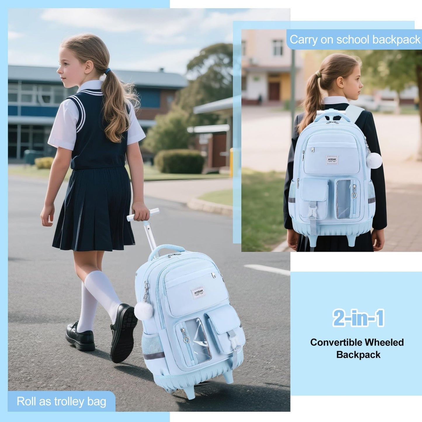 Rolling Backpack for Girls with Lunch Bag & Pencil Pouch   Wheeled Bookbag for S6