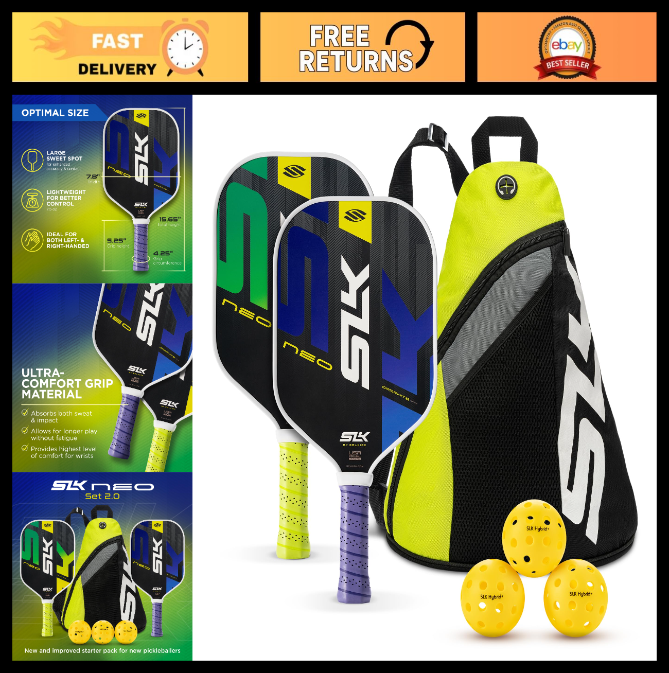 Set of 2 Pickleball Paddles with Pickleballs & Sling Bag | Graphite/Fiberglass R0