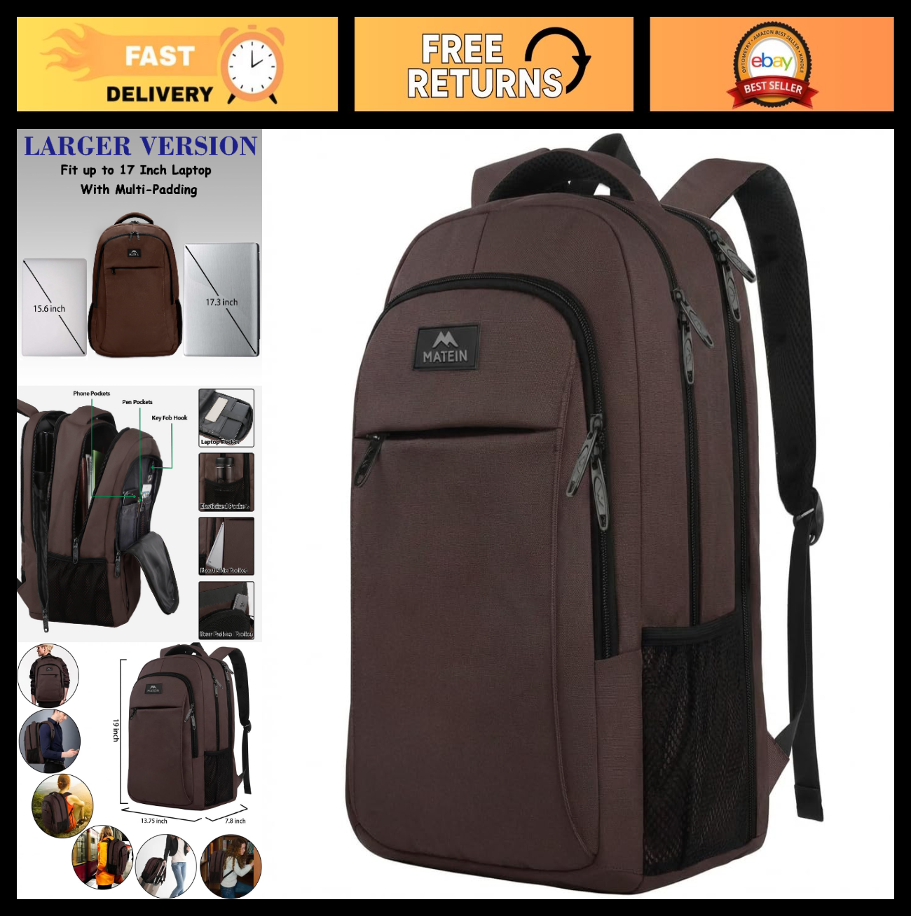 Extra Large 17.3" Laptop Backpack, TSA Friendly Travel Bag, Durable & Stylish0