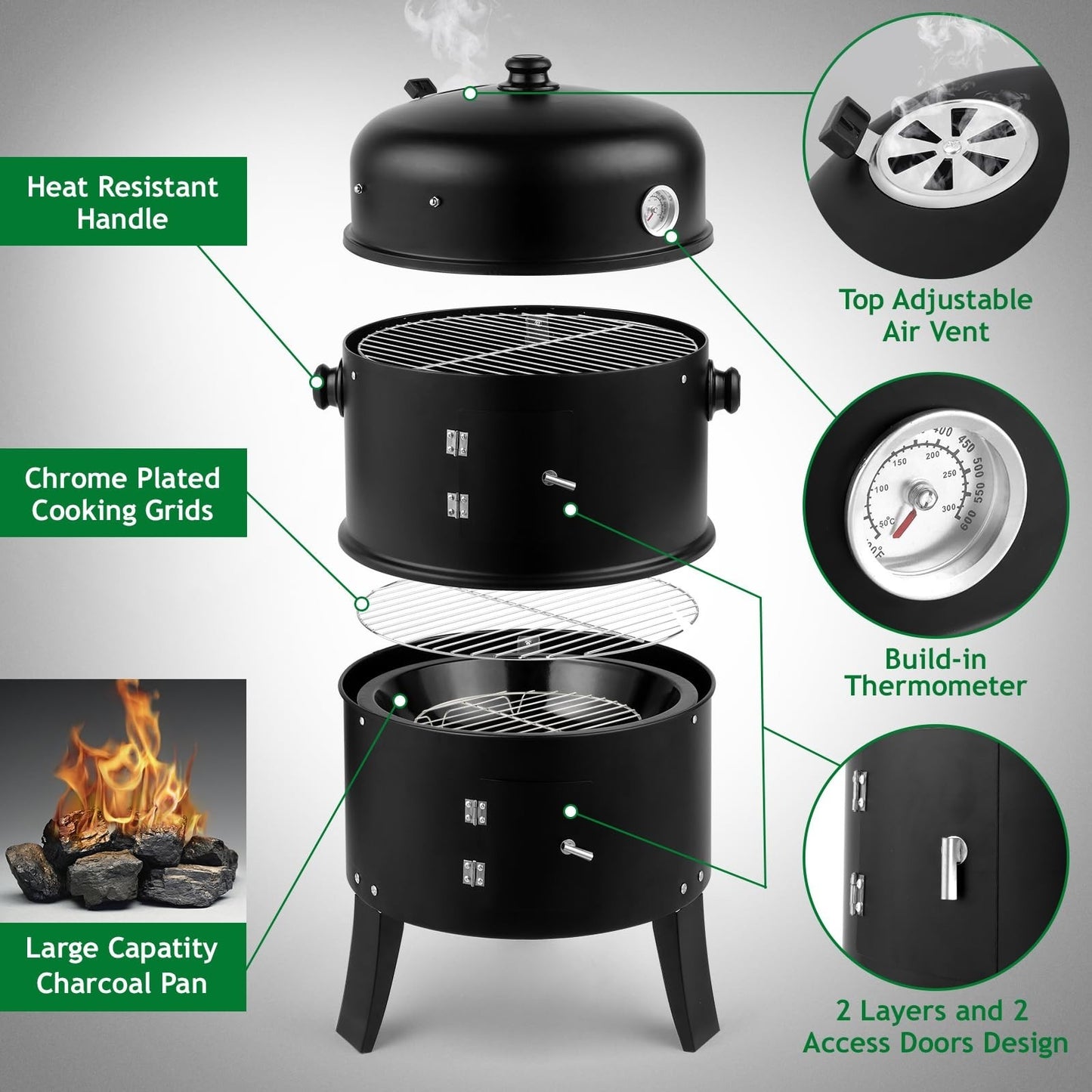 17 Inch Vertical Charcoal Smoker Grill - 3-in-1 Portable Outdoor Cooker with The3