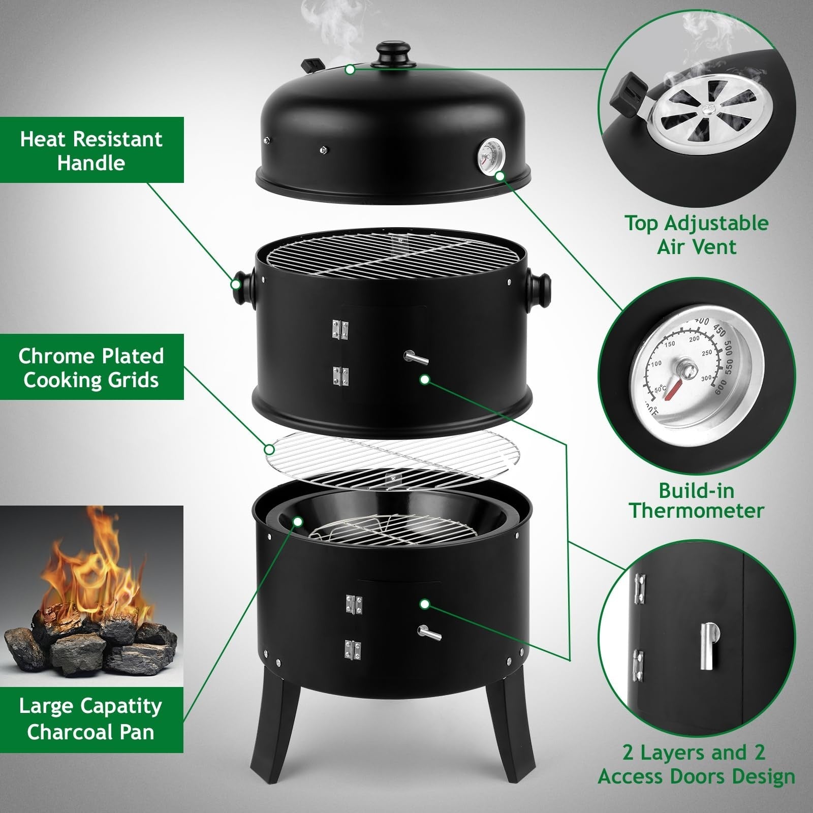 17 Inch Vertical Charcoal Smoker Grill - 3-in-1 Portable Outdoor Cooker with The3