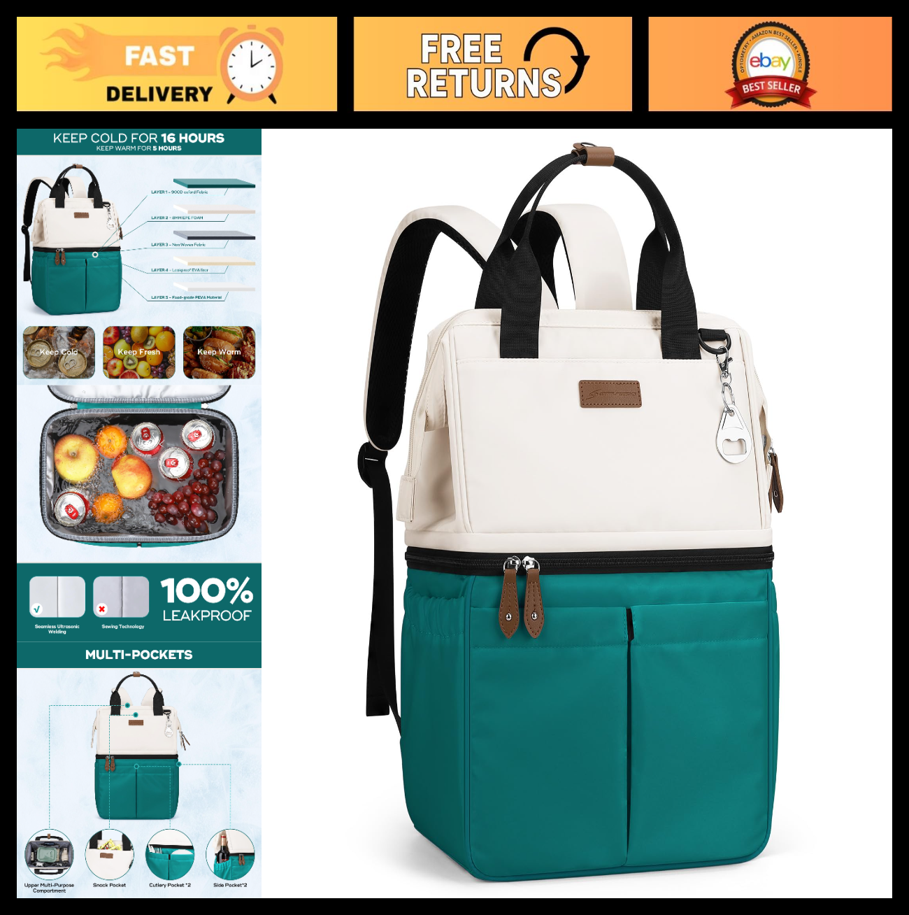 Insulated Cooler Backpack - 36 Can Leakproof Bag, Keeps Food Cold 16H, Ergonomic0