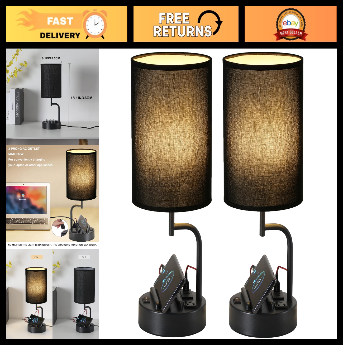 Modern Table Lamp with 3 USB Ports & AC Outlet, Bedside Desk Light, 2 Pack, Blac0