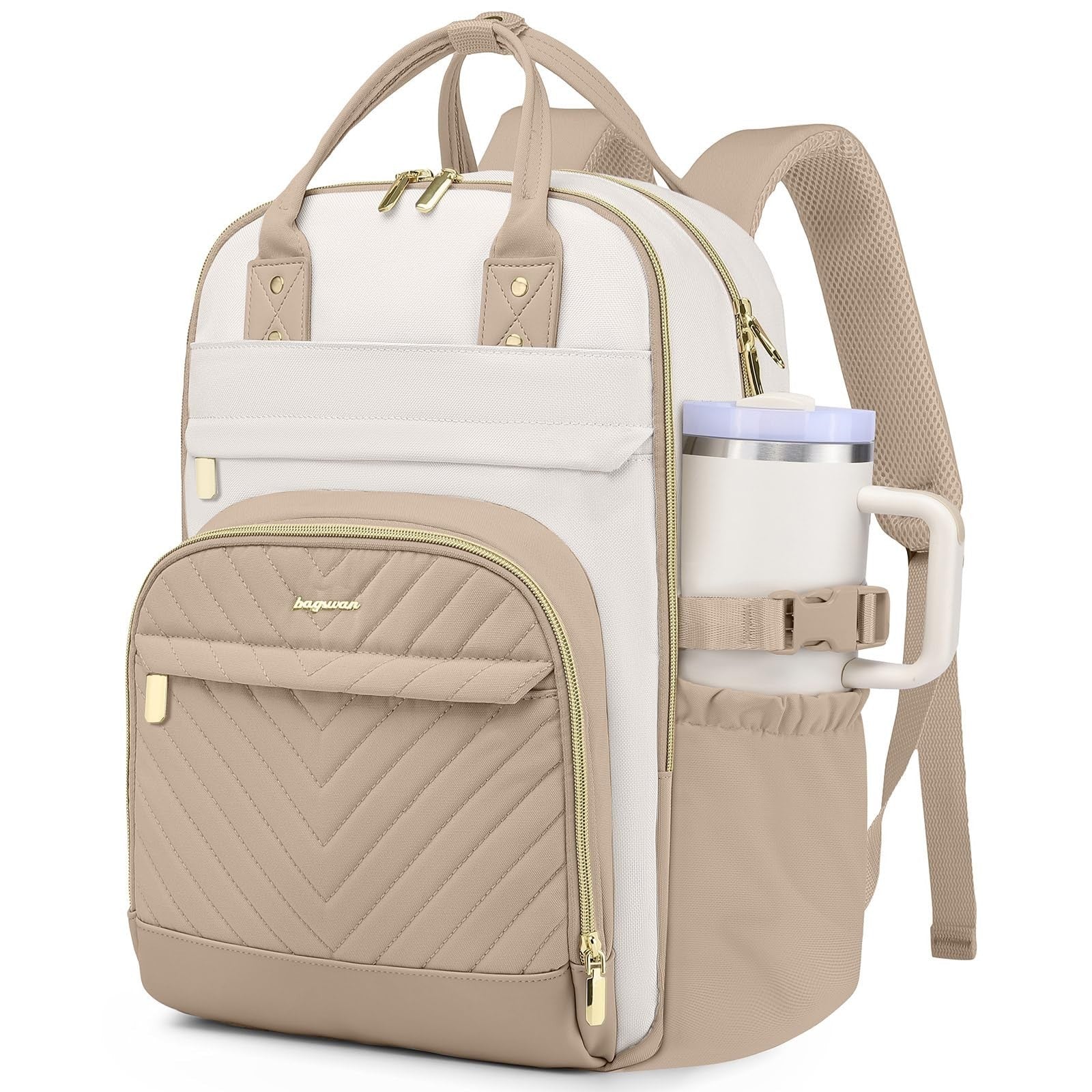 Stylish Laptop Backpack for Women   15.6" College Bookbag with Large Tumbler Poc1