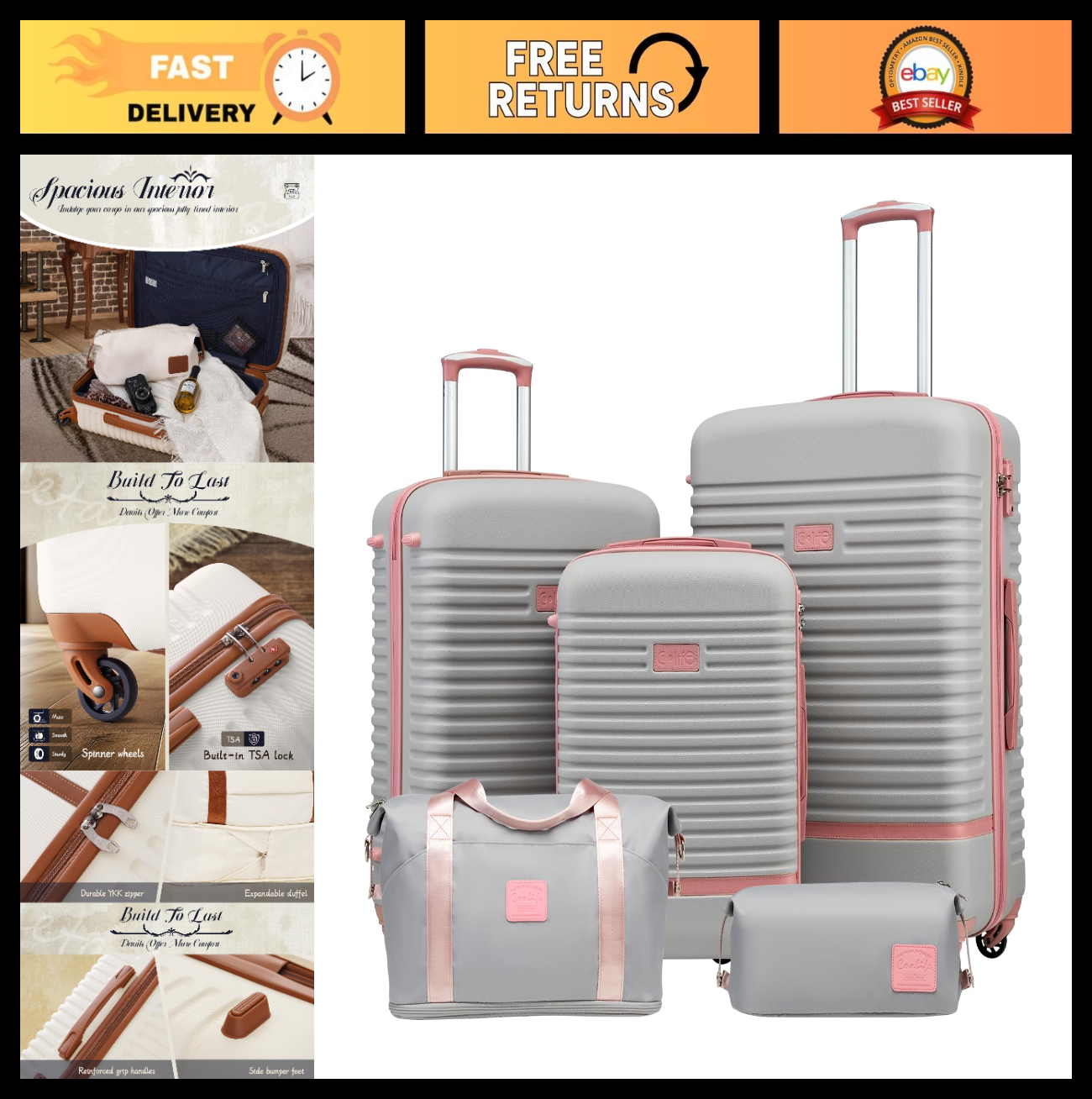 5-Piece Carry-On Luggage Set, Gray Pink - 360° Spinner Wheels, Trolley Sleeve, W0