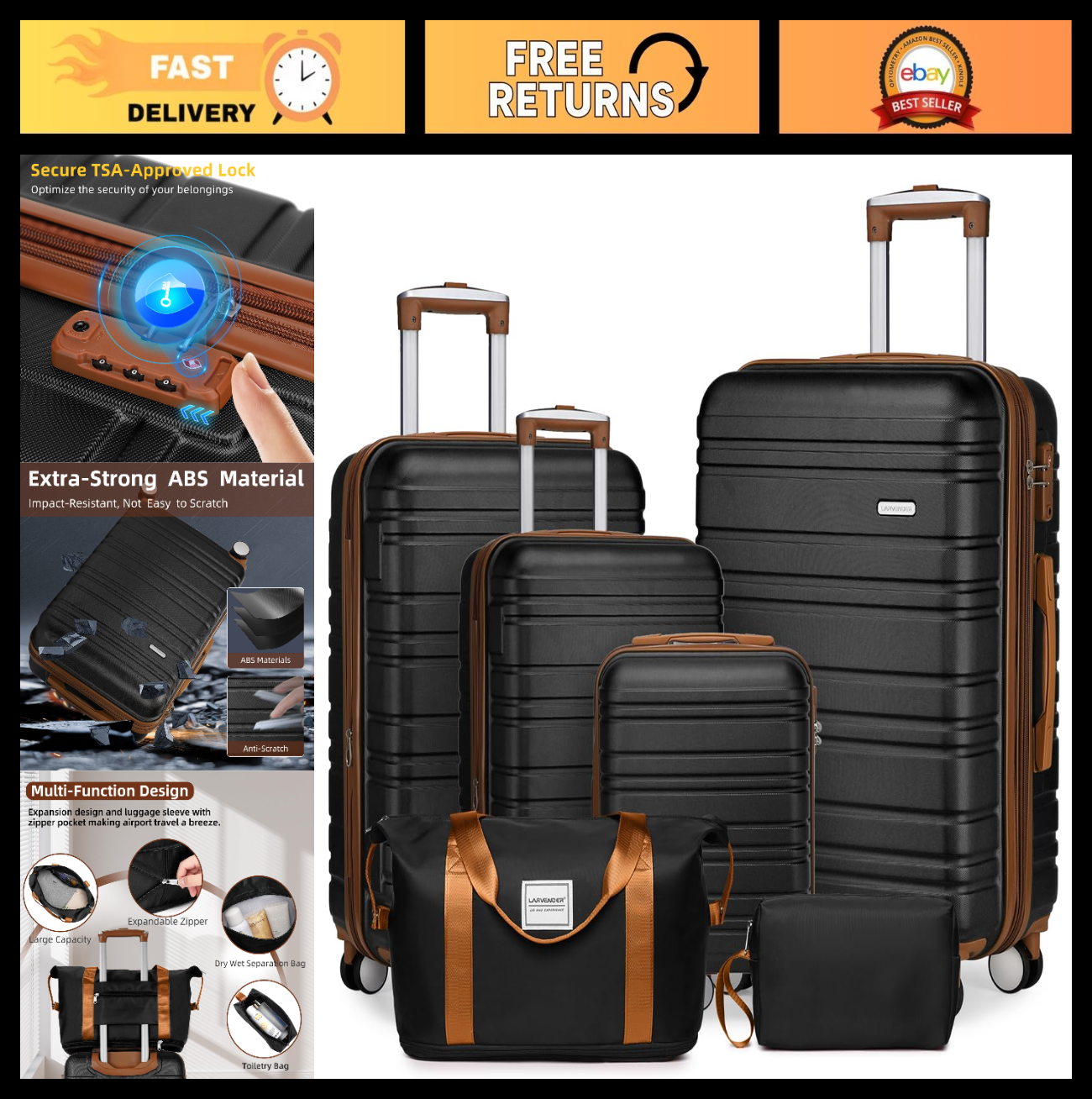 Expandable 6-Piece Luggage Set with 360° Wheels, TSA Lock, Lightweight Hardshell0