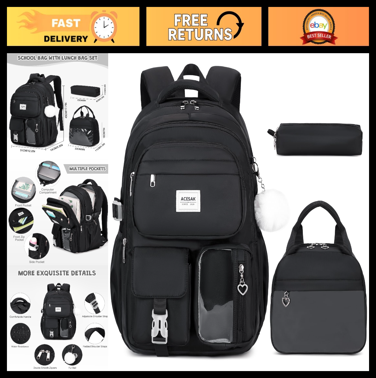 Stylish Girls Backpack with Lunch Bag & Pencil Pouch   Teen Laptop Bookbag, Blac0