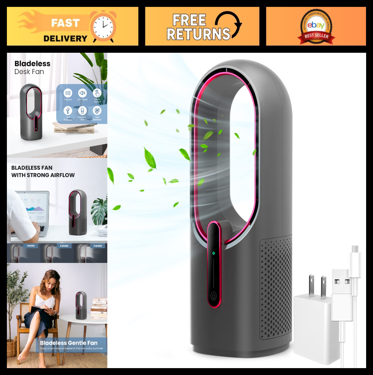 Bladeless Desk Fan 11.8 Inch   Quiet, 3 Speed Touch Control, Easy to Clean, Smal0
