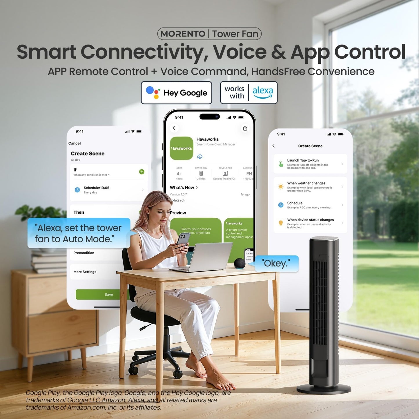 WiFi Smart Tower Fan 36"   Quiet 25dB, 4 Modes & Speeds, Remote, Oscillating, Ti2