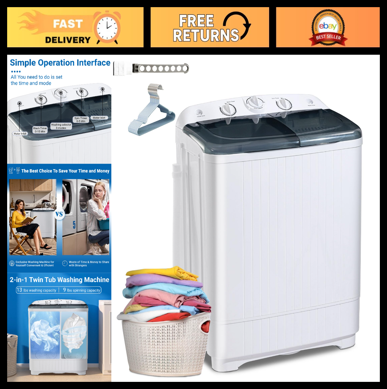 Portable Twin Tub Washing Machine 22 lbs with Drying Rack, Mini Compact Laundry0