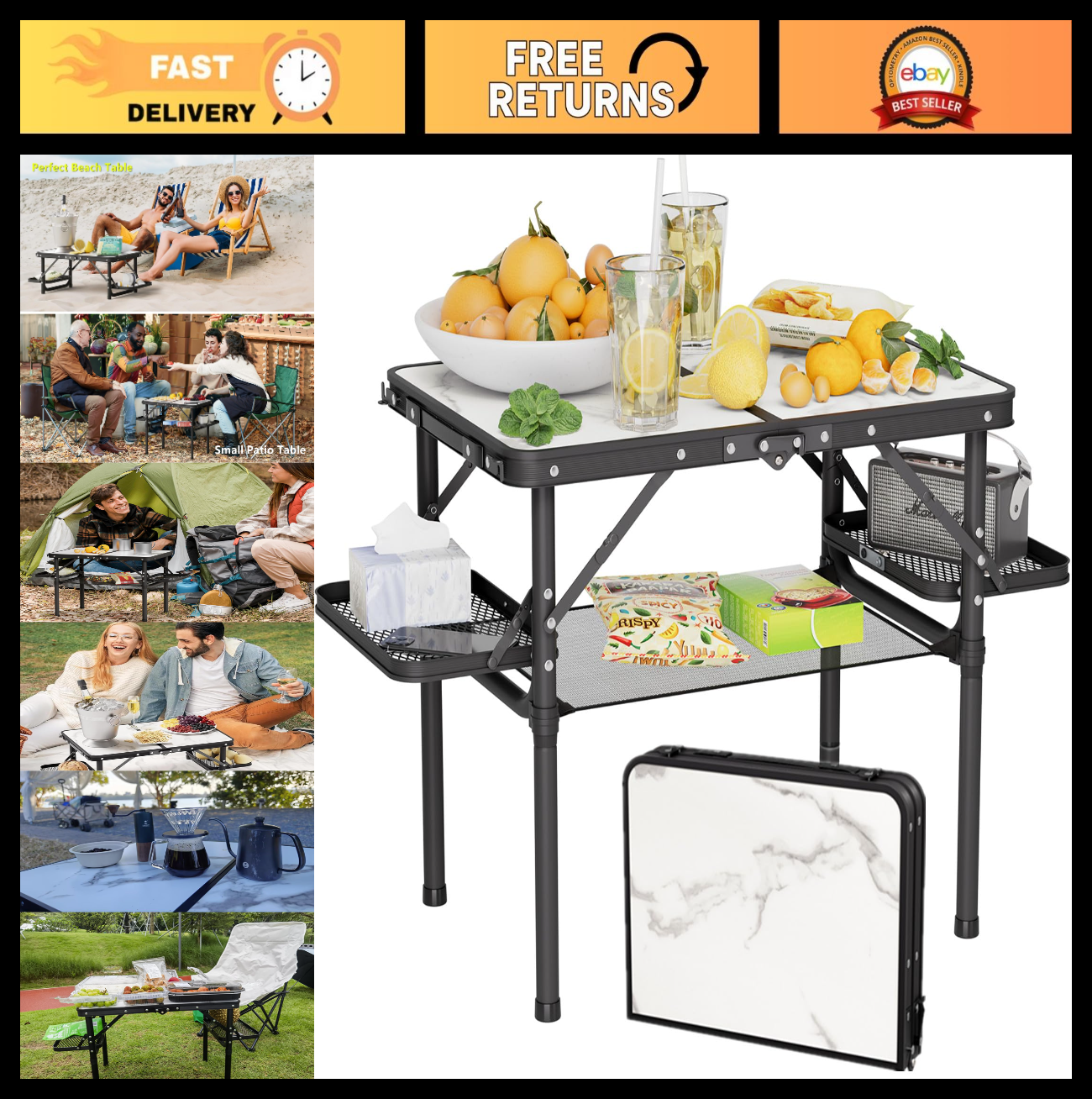 Compact Folding Camping Table 2ft with Side Racks & Net - Portable Picnic & Beac0