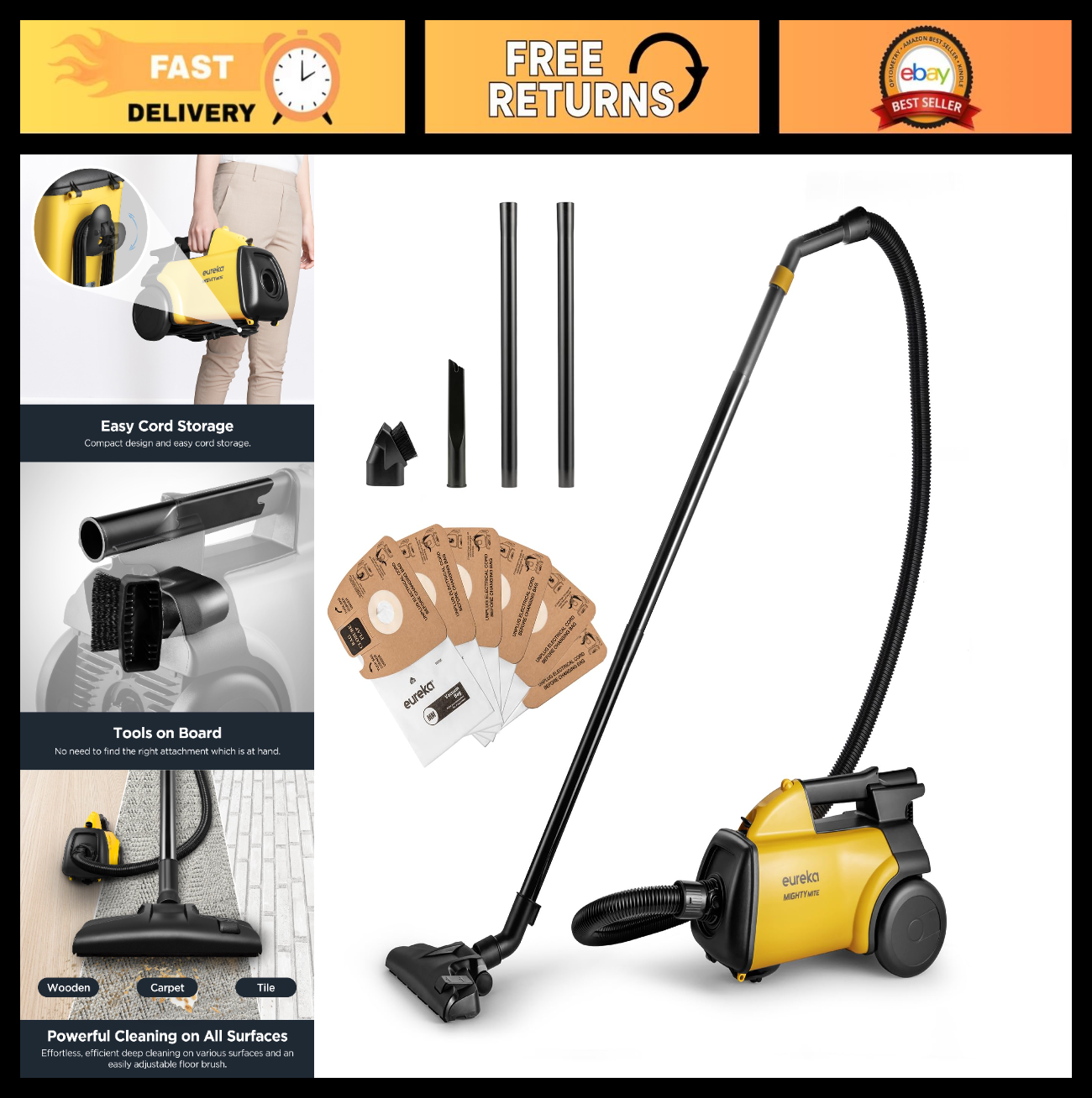 Lightweight Canister Vacuum Cleaner for Home, Compact & Powerful, Yellow0