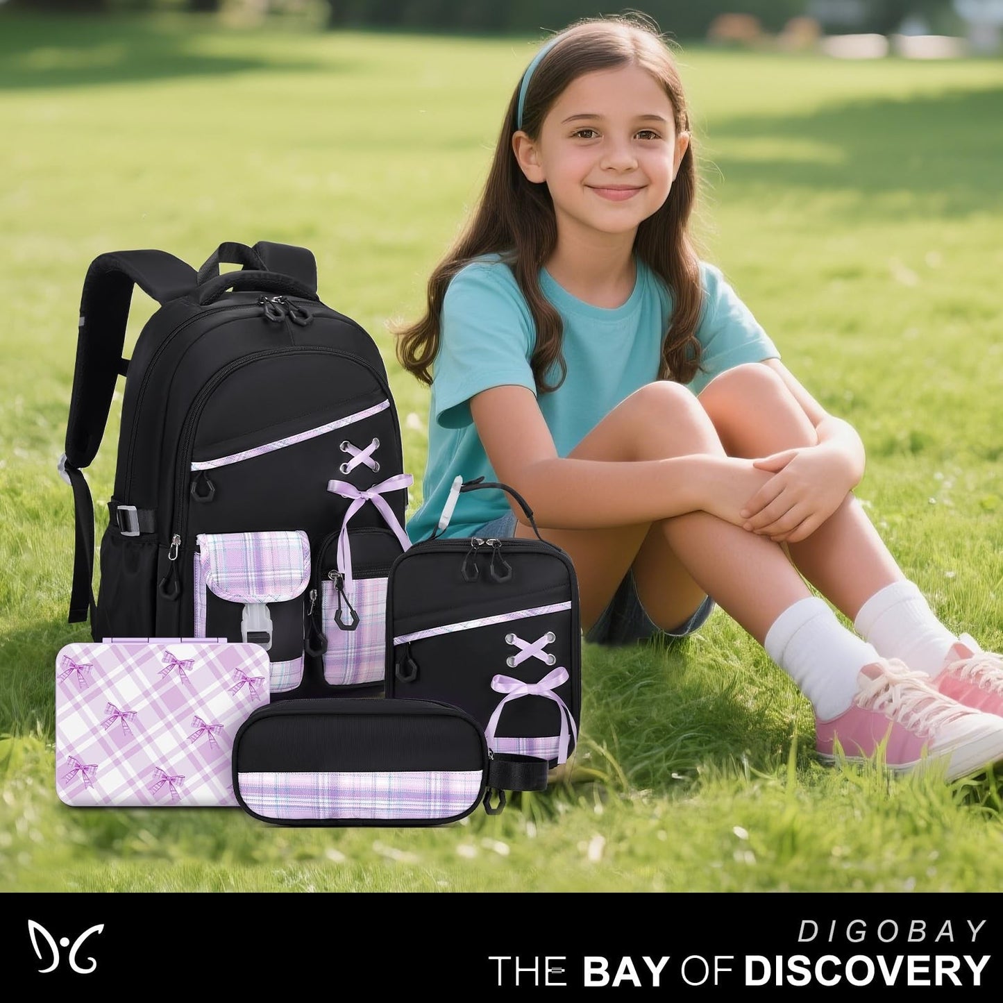 Girls' Backpacks Set   6PCS Plaid School Bag with Lunch Box & Pencil Pouch, Blac8