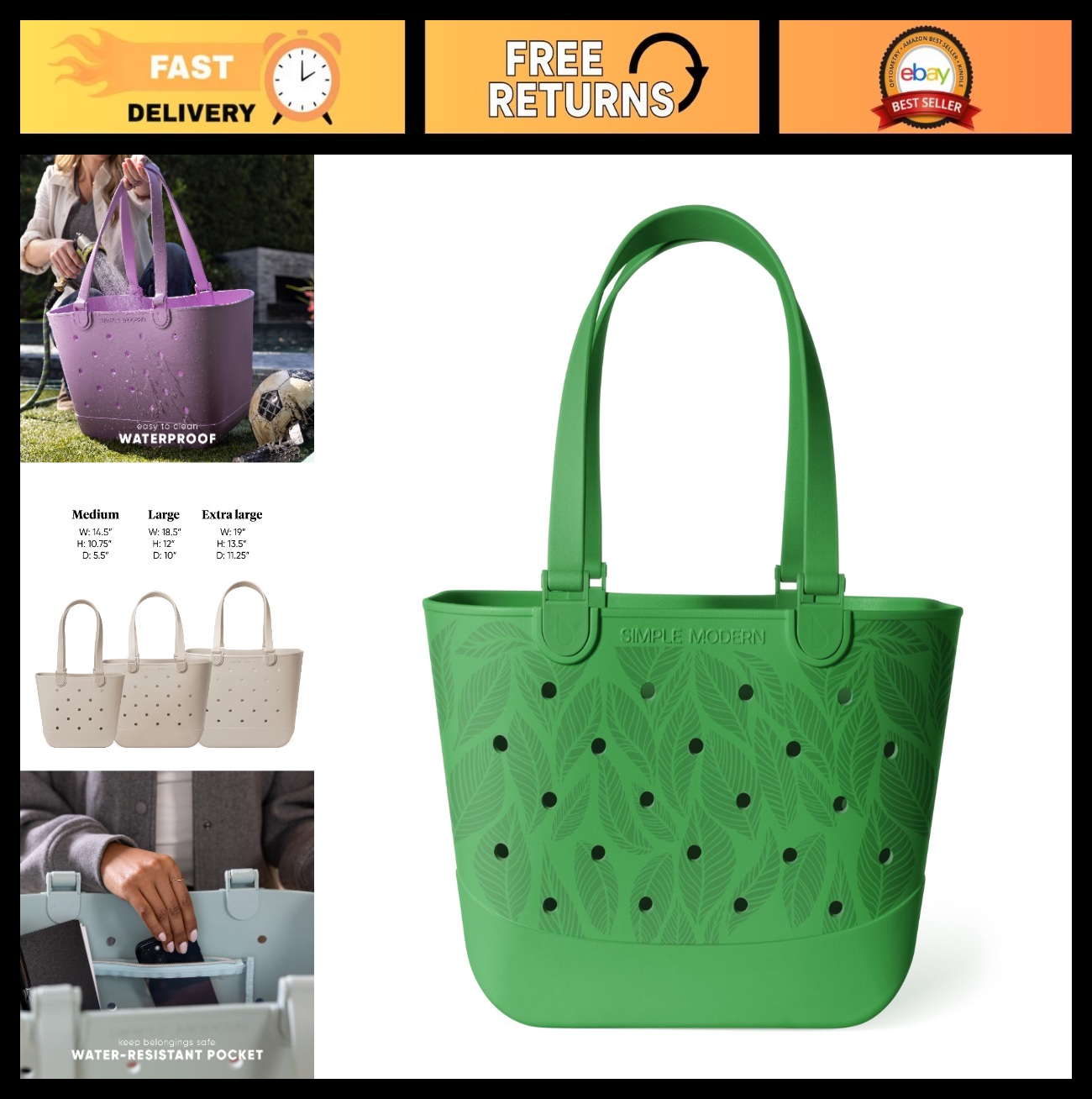 Waterproof Large Green Leaf Beach Tote Bag | Zipper Pocket | Travel & Pool Essen0