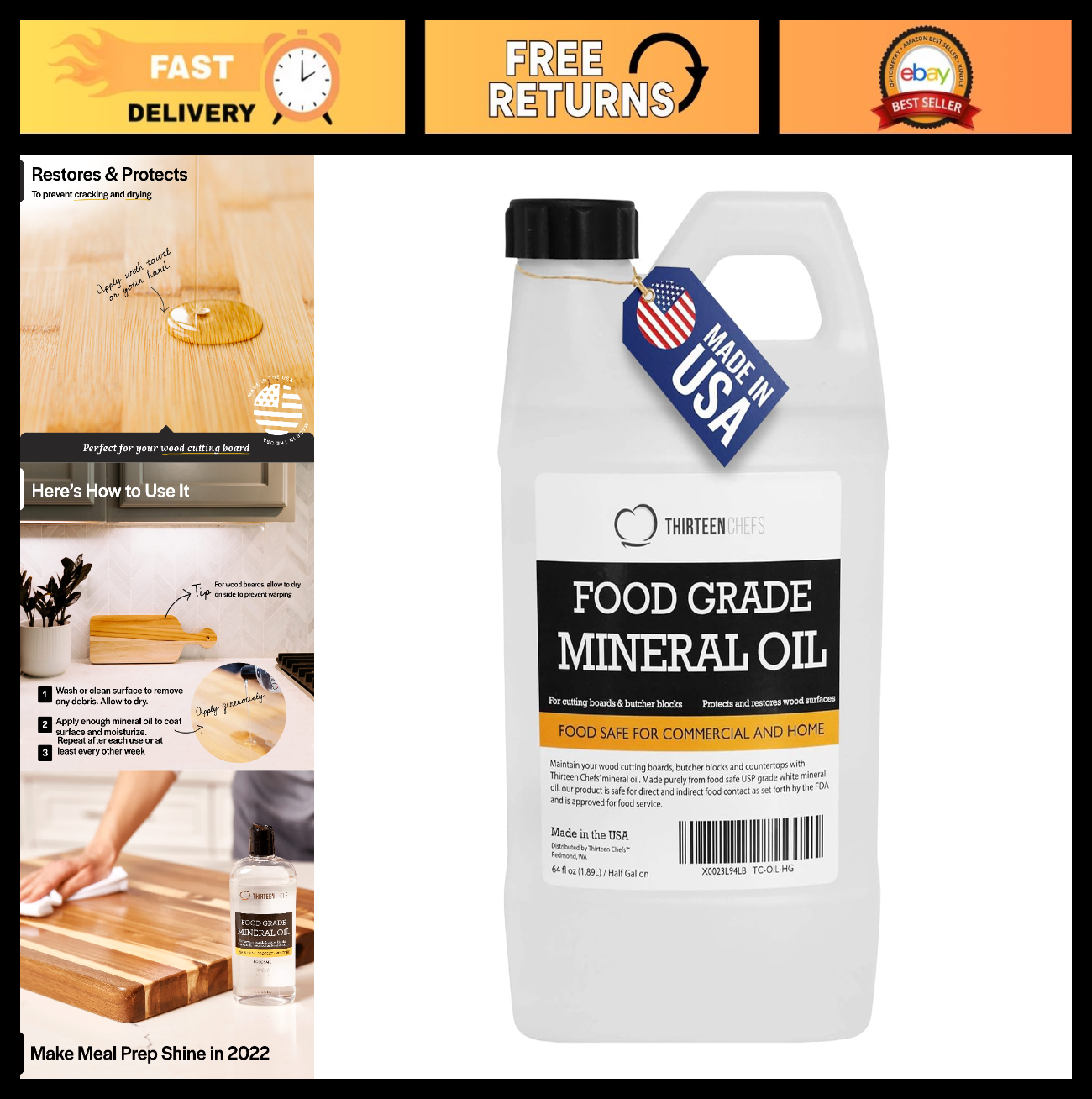 64oz Food Grade Mineral Oil for Cutting Boards   NSF Certified, Food Safe, Premi0