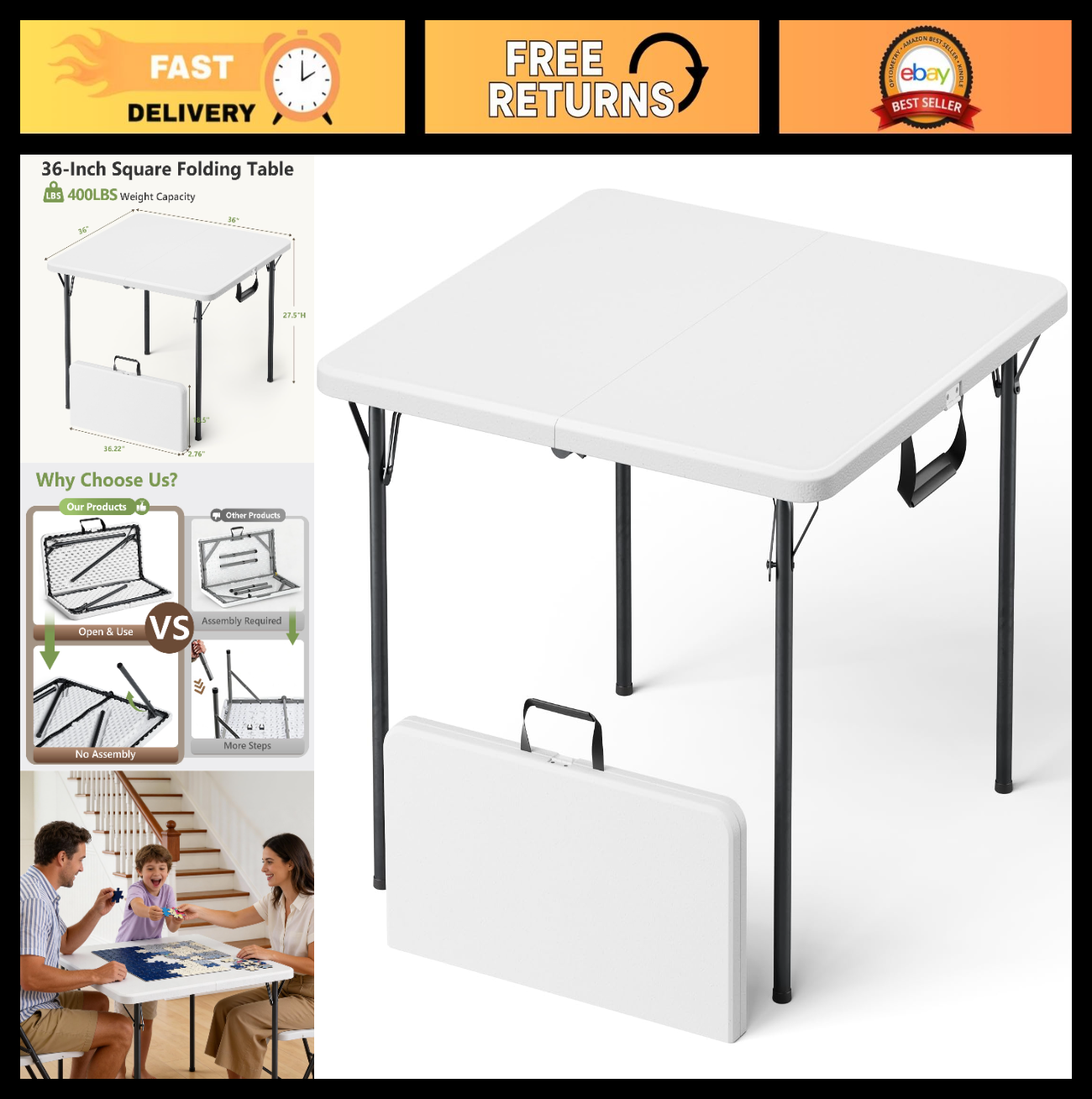 36" Square Folding Table - Portable, Heavy Duty, No Assembly, Ideal for Camping,0