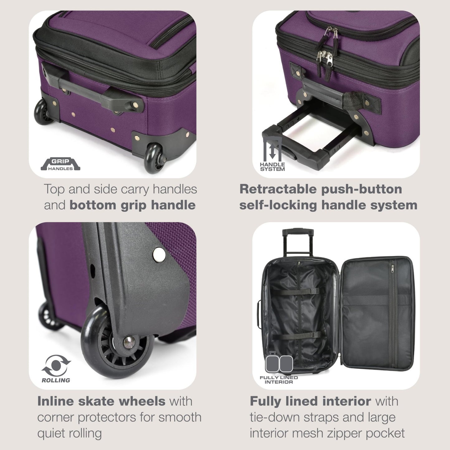 Lightweight Softside Rolling Carry-on Suitcase, 2-Wheel Travel Luggage Set, Purp3