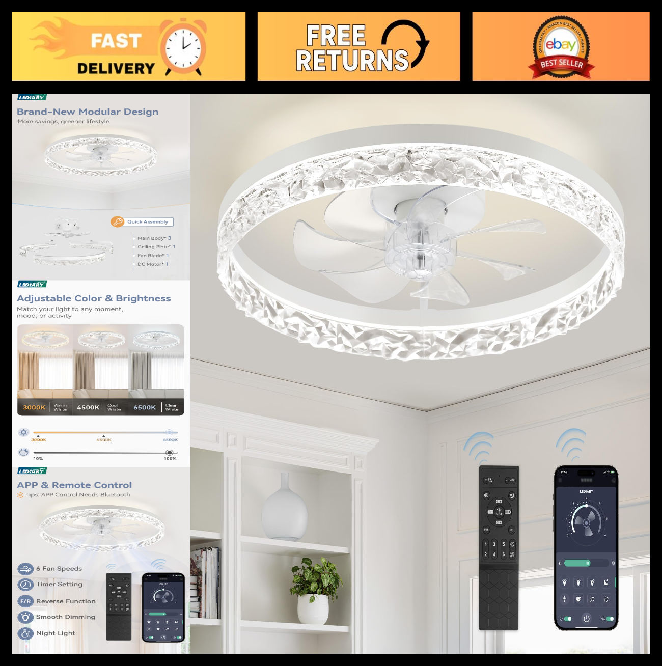 20" Modern LED Ceiling Fan with Lights & Remote, Dimmable, Low Profile, 6 Speeds0