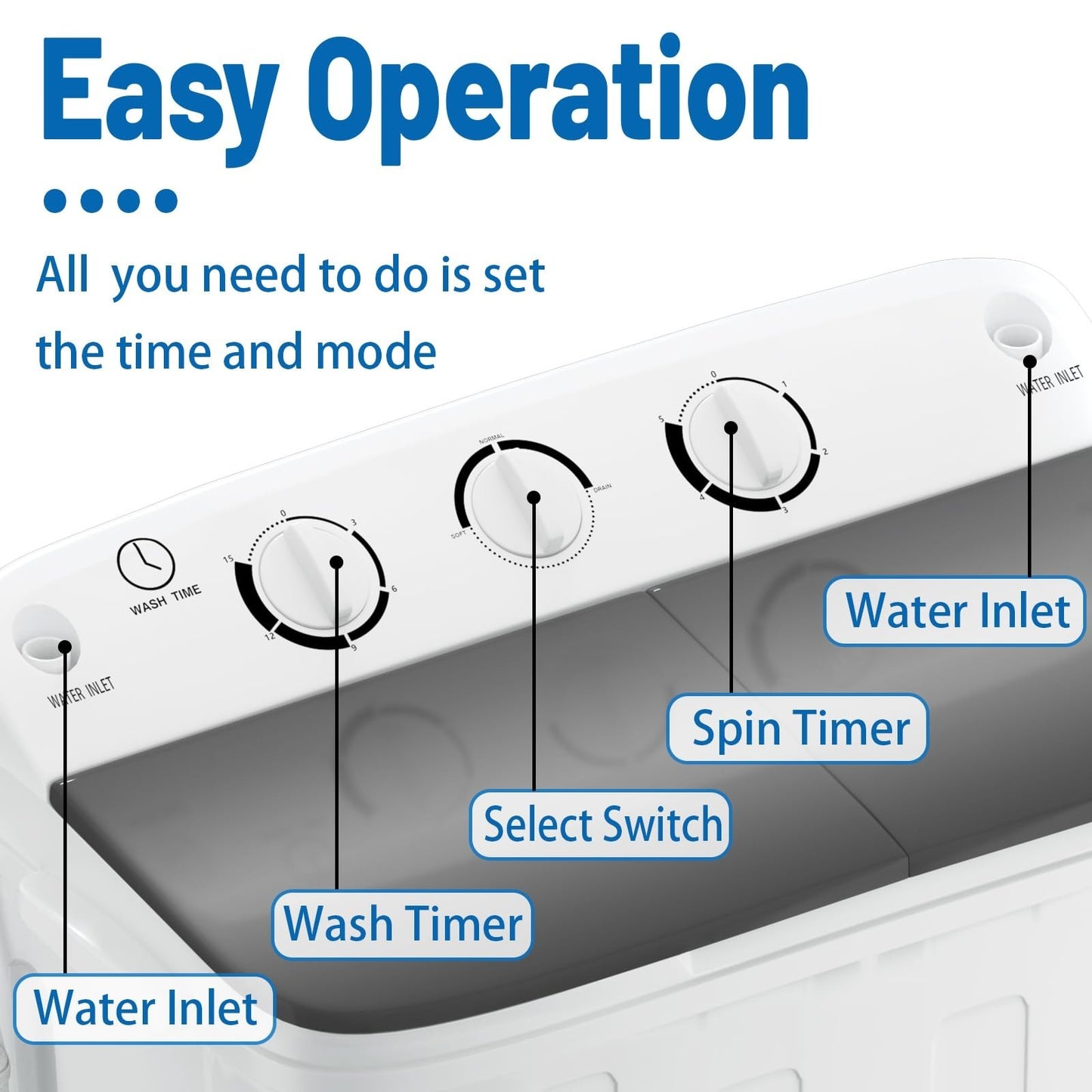Compact Twin Tub Washing Machine 19lbs with Drying Rack & Hangers, 1500rpm Mini6