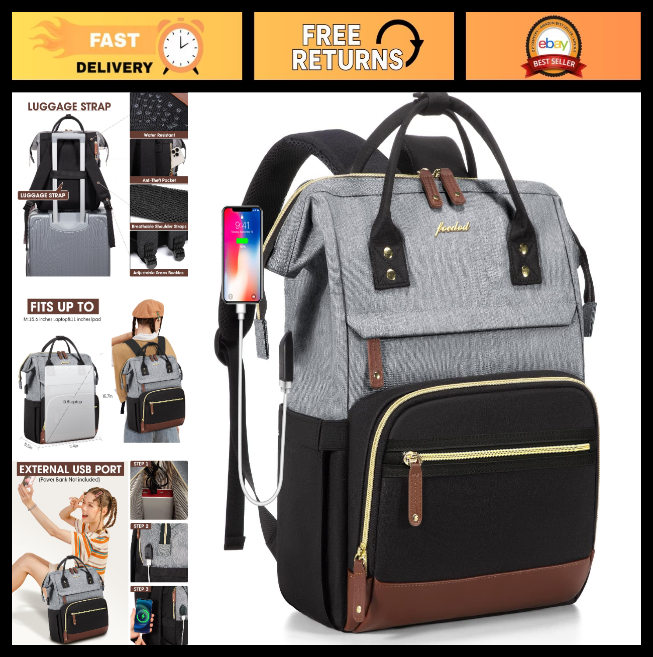 Stylish Laptop Backpack for Women, 15.6" Work Bag with USB Port, Large Capacity0