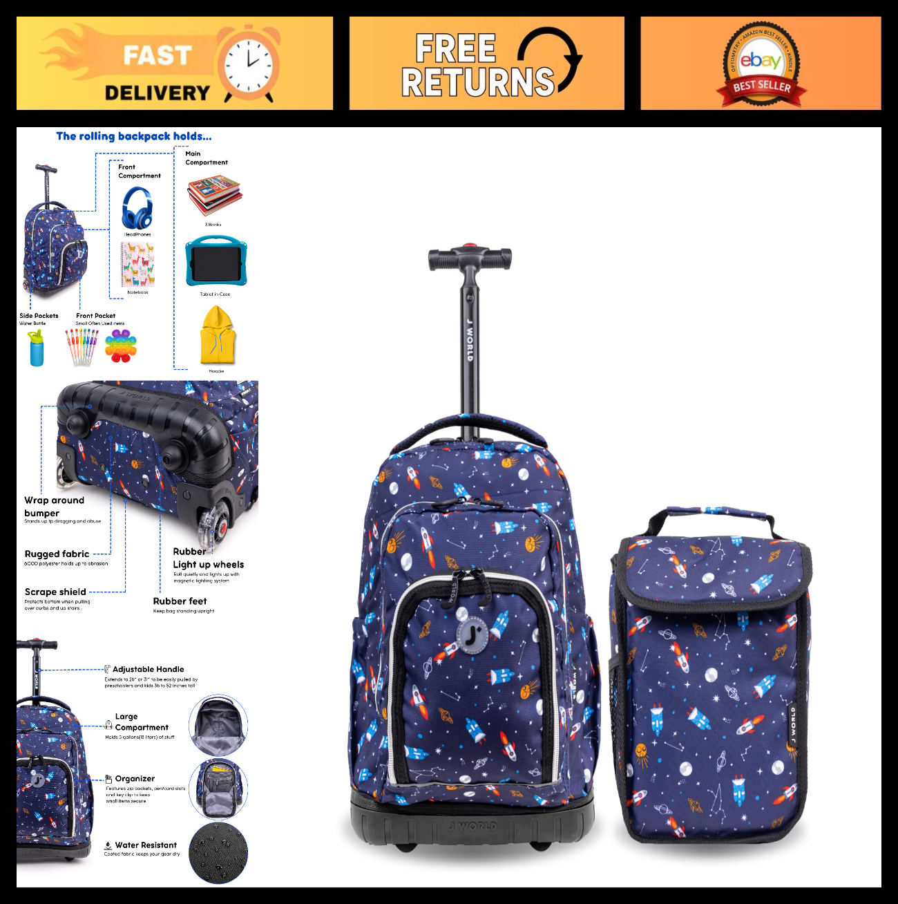 Kids Rolling Backpack & Lunch Bag Set   Elementary School Carry On Suitcase with0