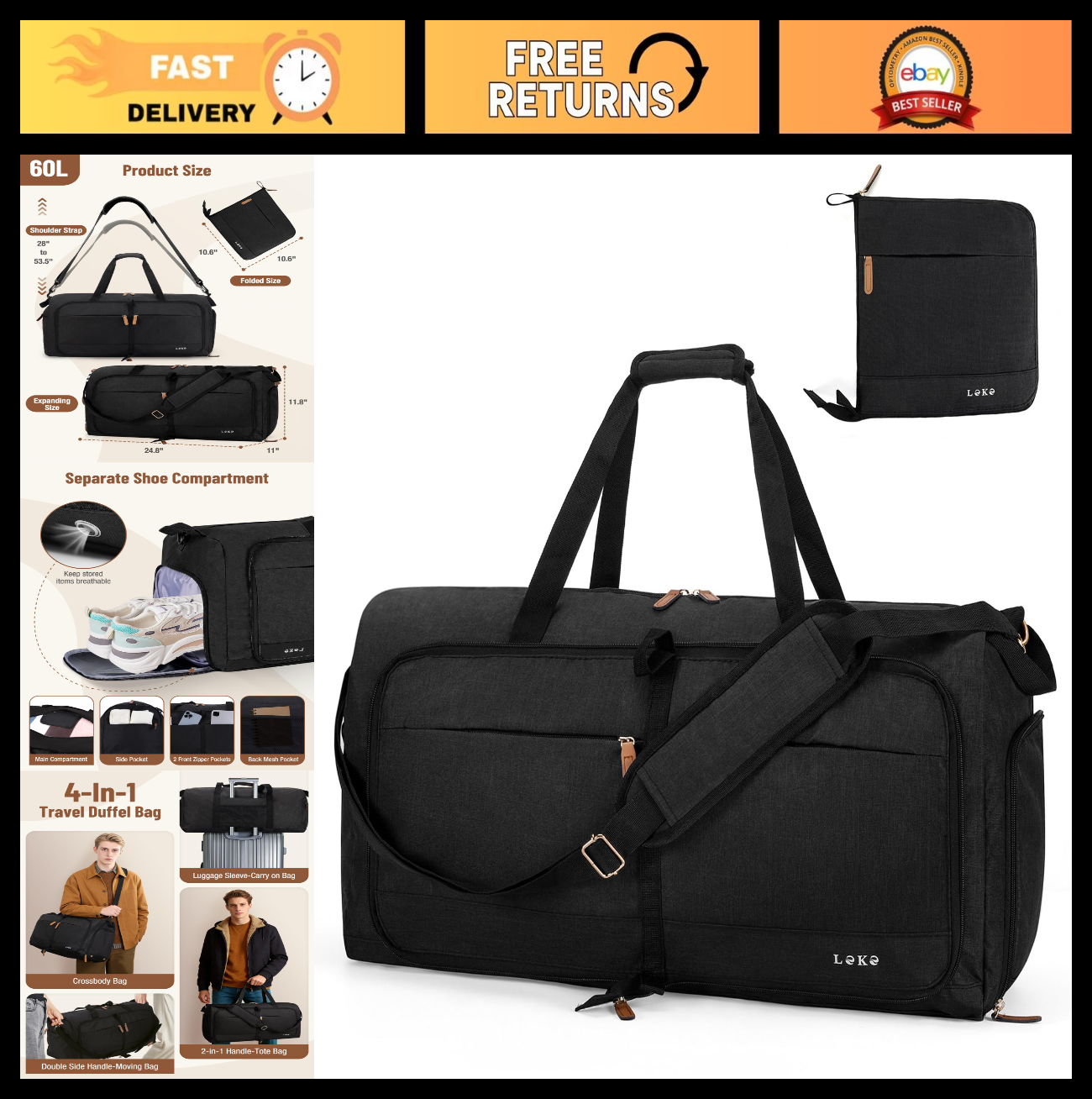 60L Foldable Travel Duffle Bag for Women - Large Weekend Carry-On, Shoes Compart0