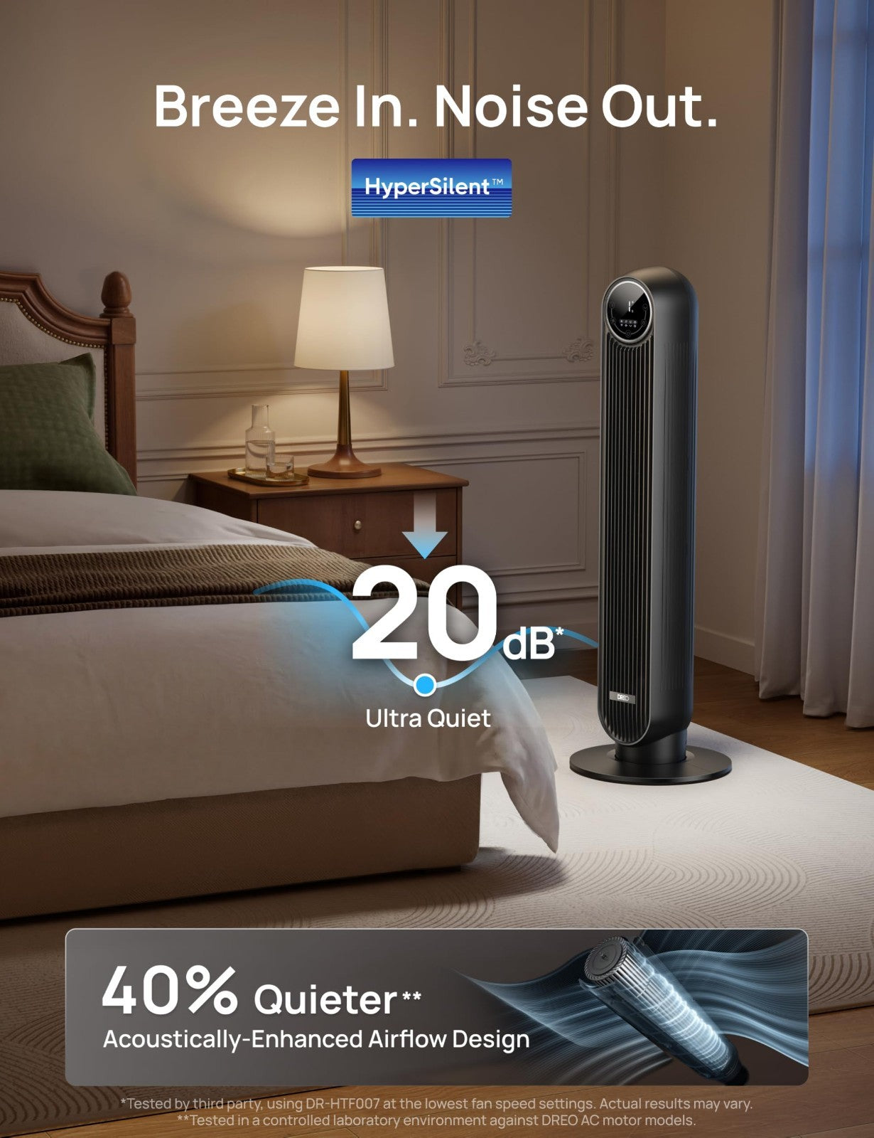 Bladeless Tower Fan with 28ft/s Velocity, 20dB Ultra Quiet, 8 Speeds, 90° Oscill3