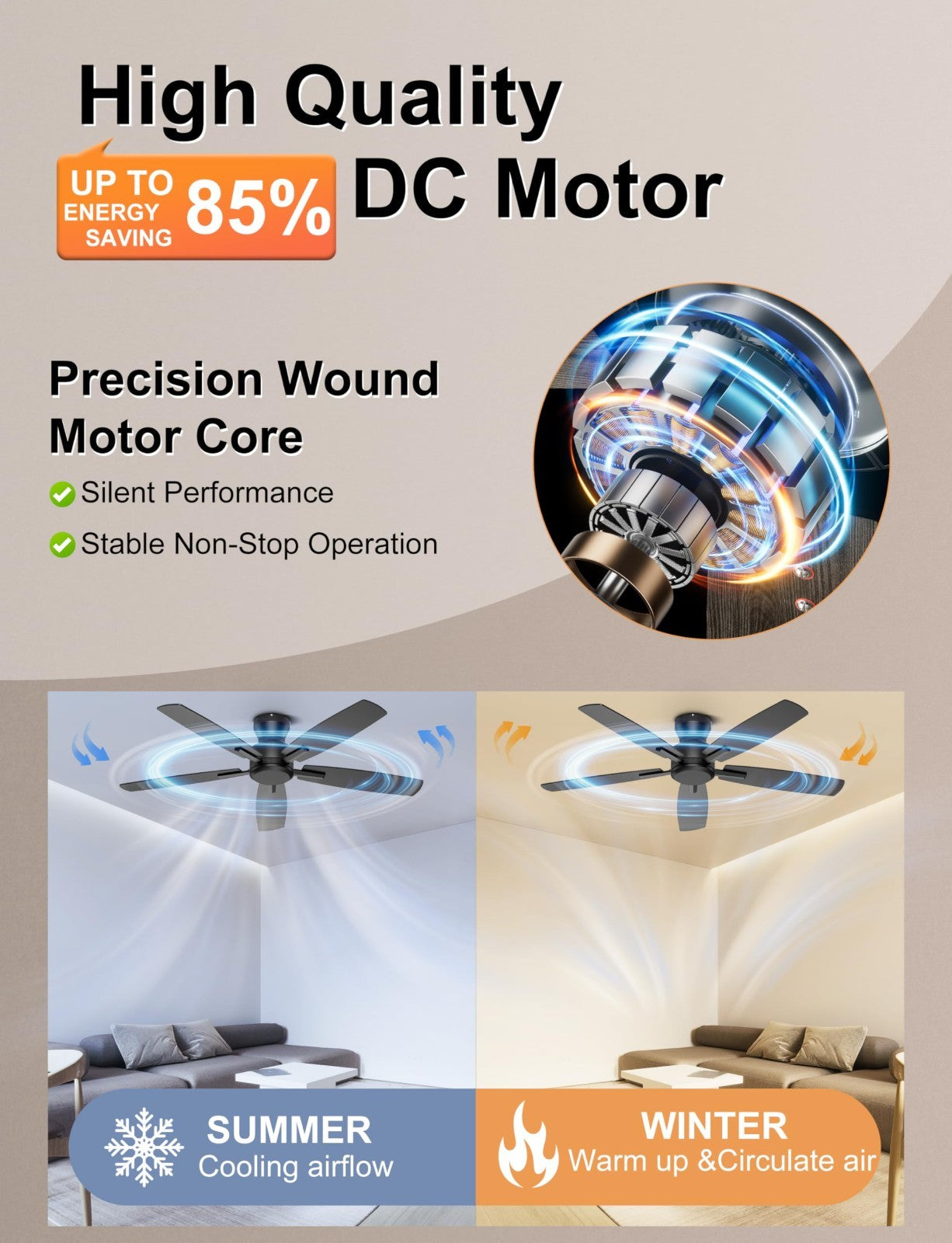 52" Low Profile Ceiling Fan   No Light, Remote/APP Control, Quiet DC Motor, 45803