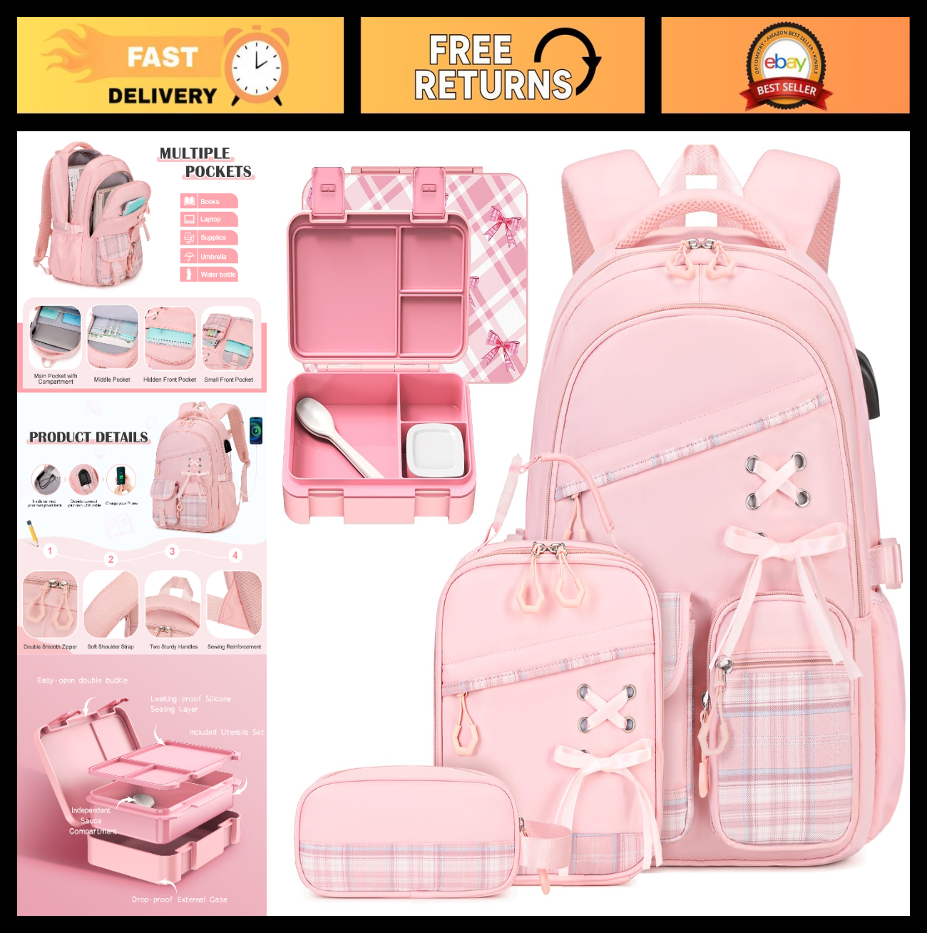 6PCS Girls Backpack Set with Lunch Bag, Bento Box & Pencil Pouch   Plaid School0