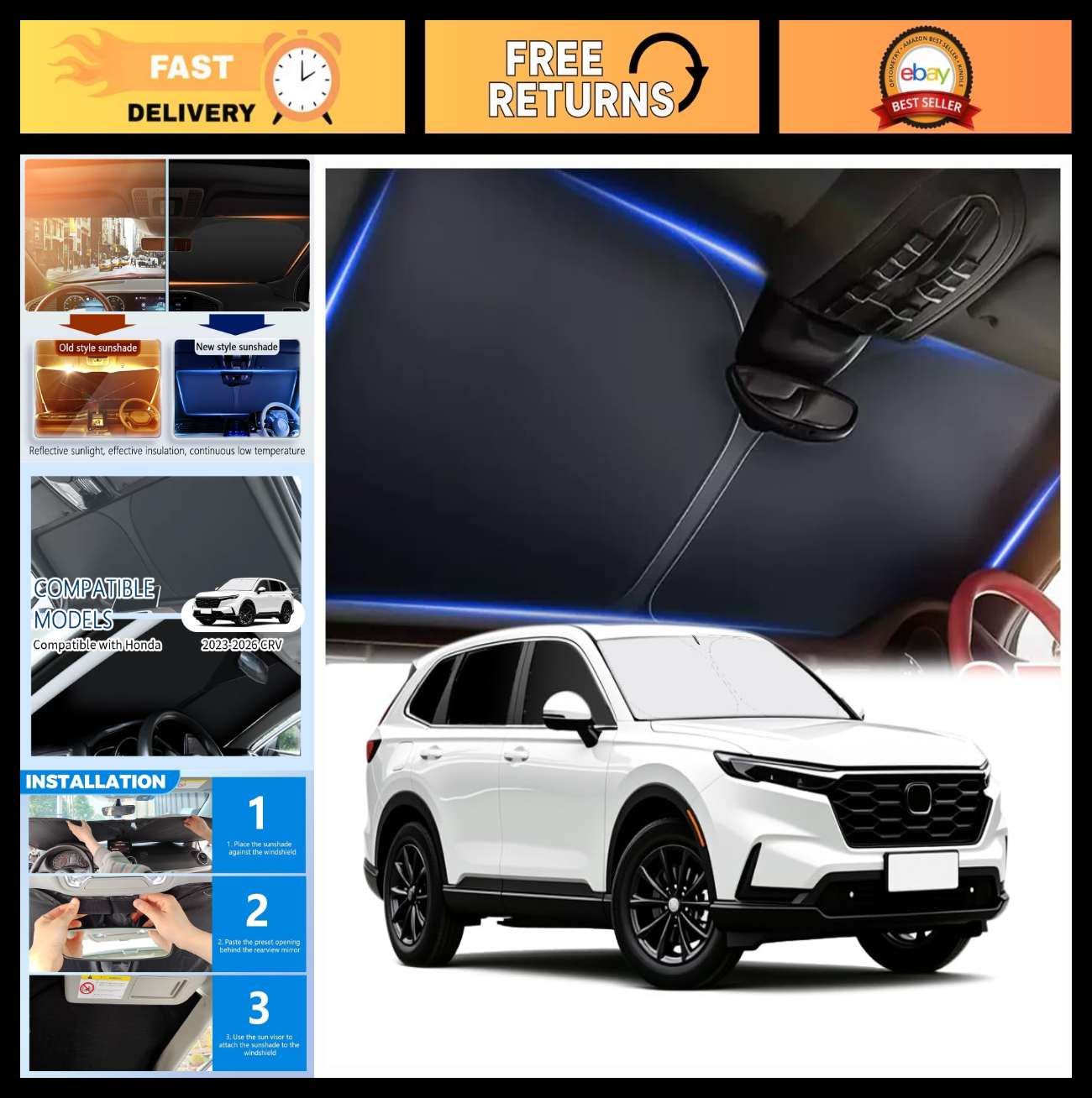 Car Windshield Sun Shade for Honda CRV 2023-2026 - Foldable Oxford Cloth Heat Bl0