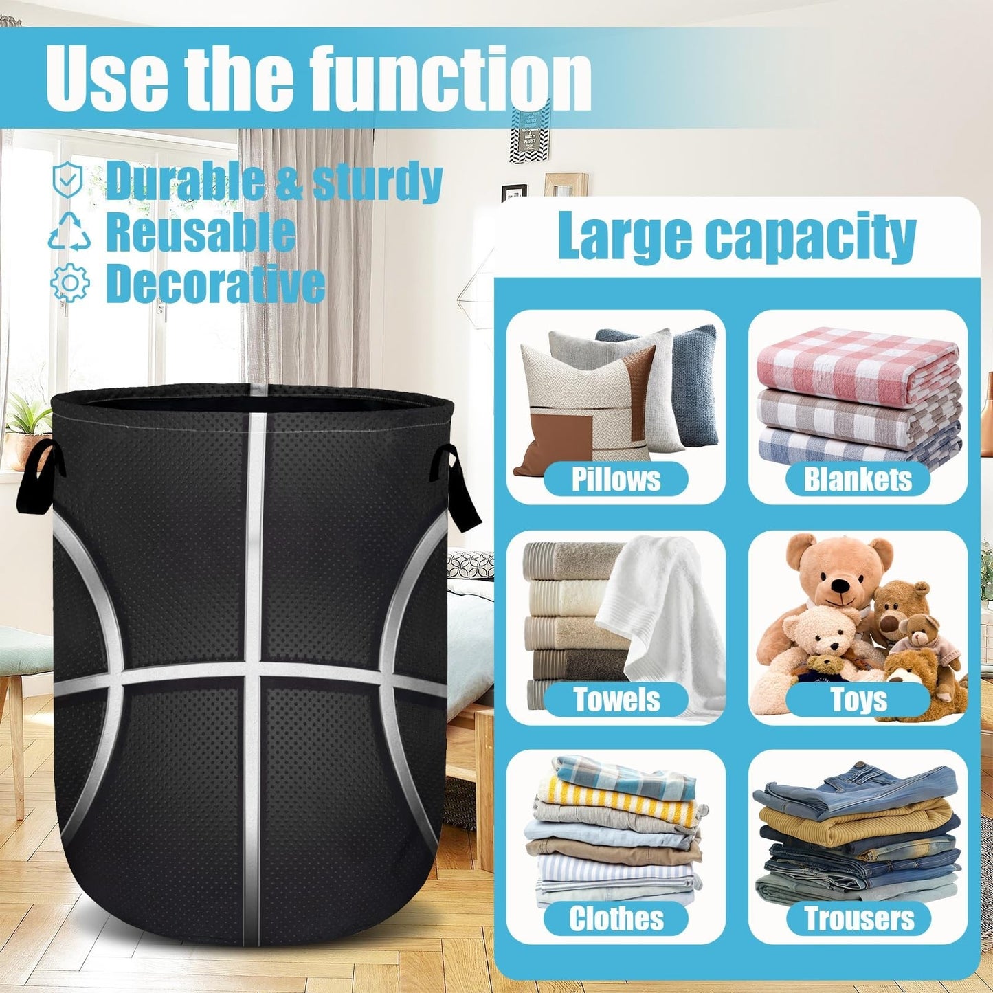 Collapsible Basketball Laundry Hamper - Oxford Cloth Storage Bin with Handle 15.3