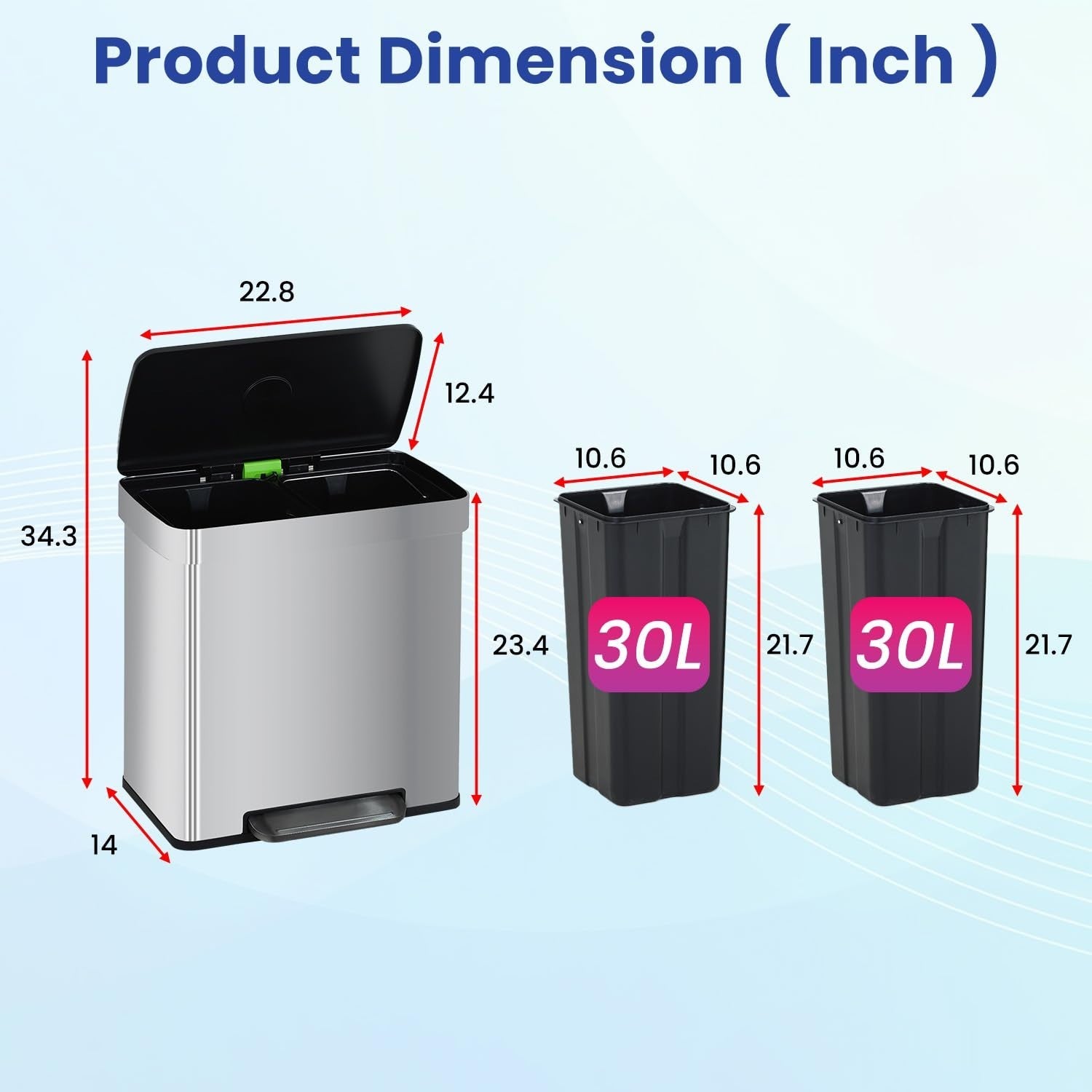 Dual Compartment 60L Stainless Steel Trash Can with Soft-Close Lid & Removable B6