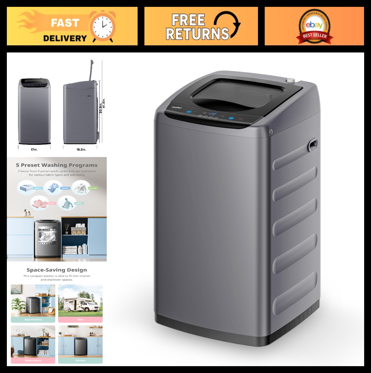 Compact Portable Washing Machine 0.9 cu.ft, LED Display, Energy Efficient Washer0