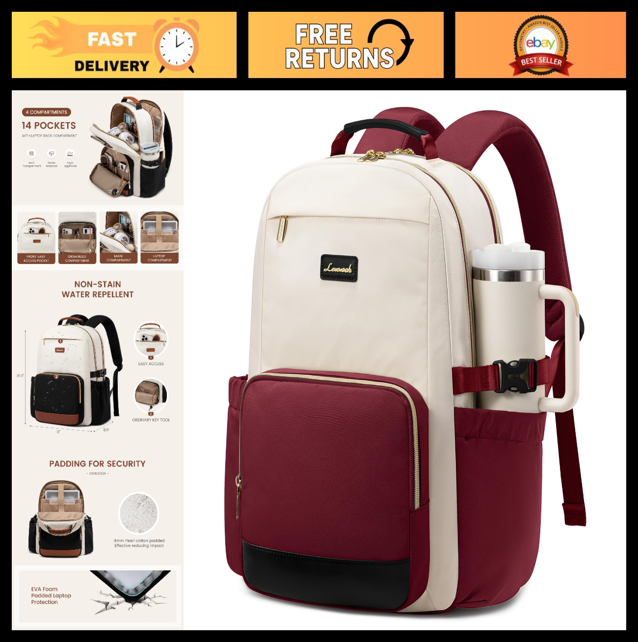 Large Capacity Women's Laptop Backpack with Pouch, Waterproof Travel Bag, 170