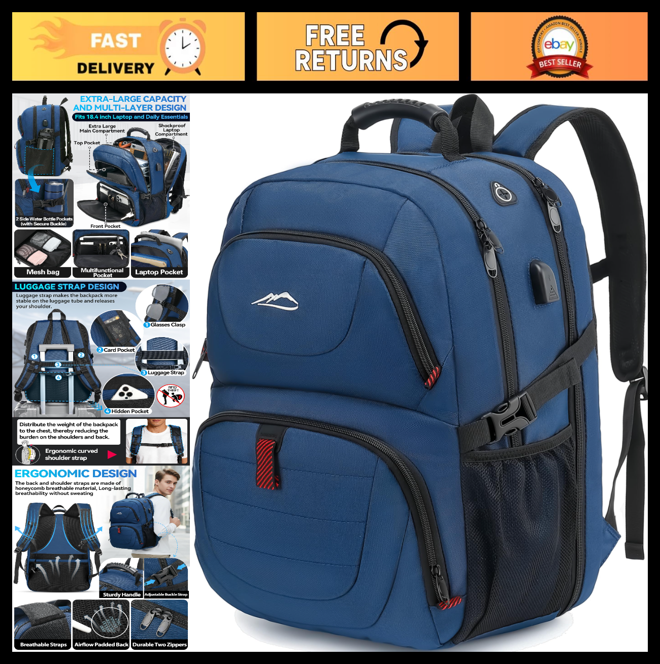 Extra Large Travel Laptop Backpack, Anti Theft TSA Approved, Fits 18.4" Laptop,0